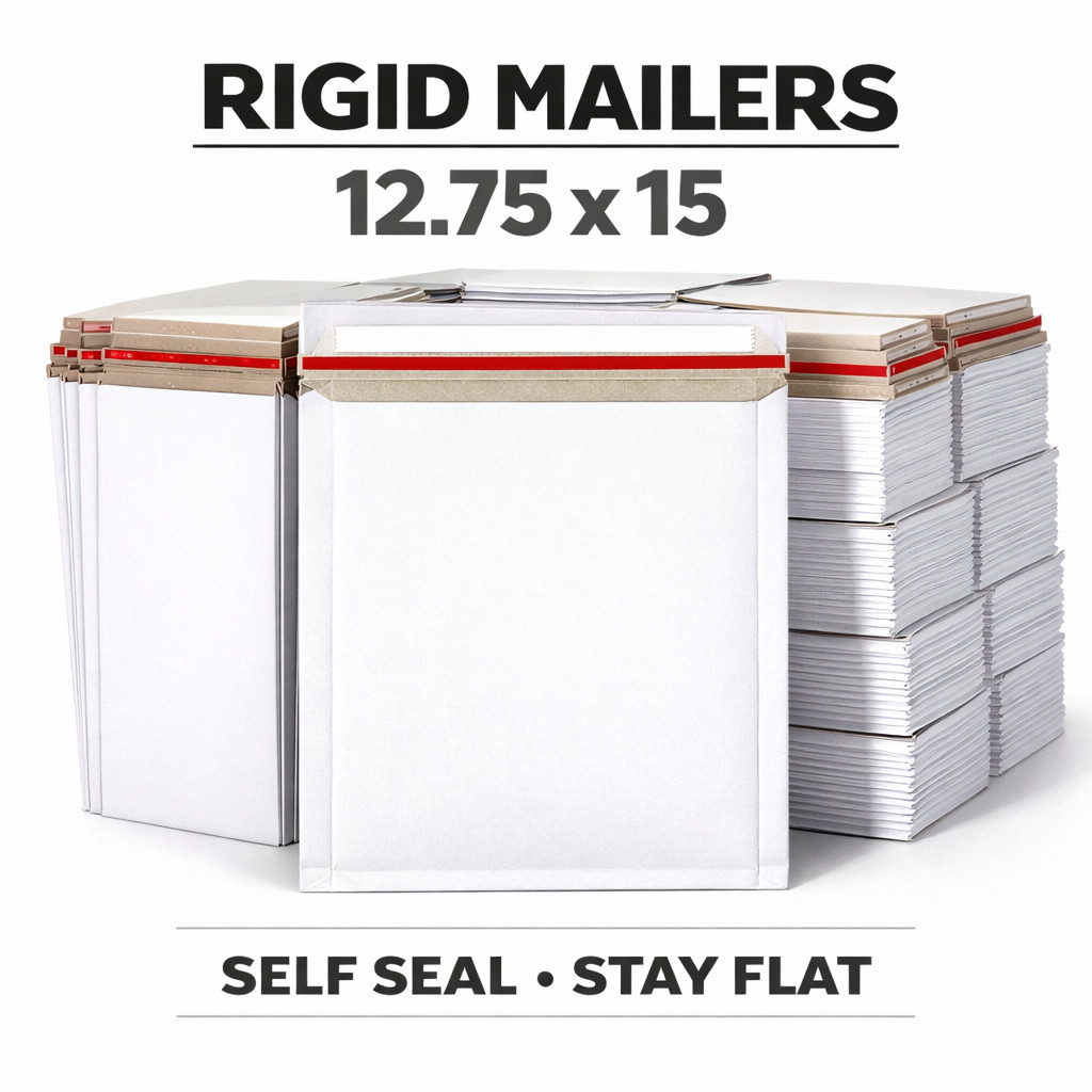 12.75 x 15 Rigid Photo White Cardboard Mailer, Self-Seal Tear Tab