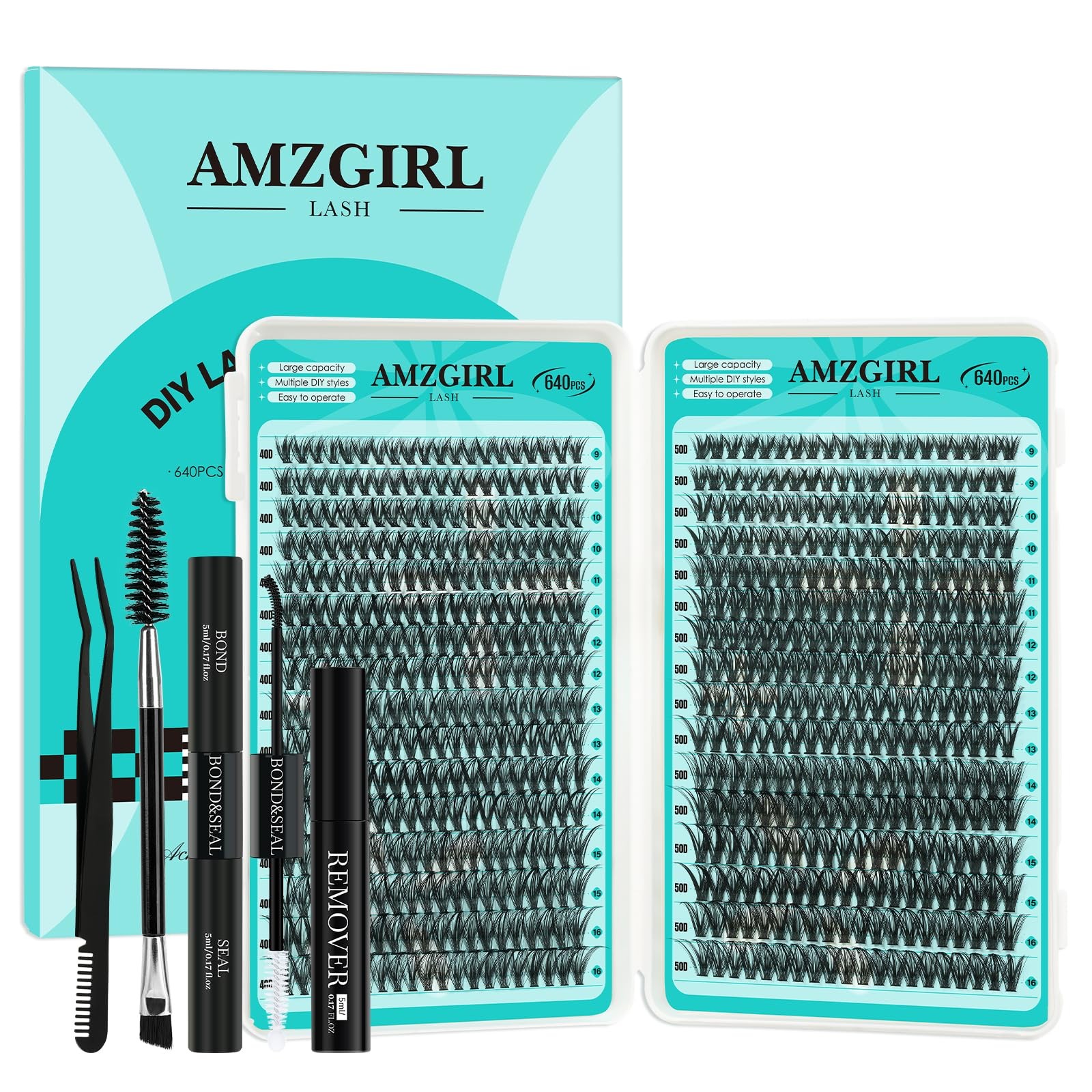 AMZGIRL LASH Lash Clusters Kit 640Pcs 40D+50D D-Mix 9-16mm Kit