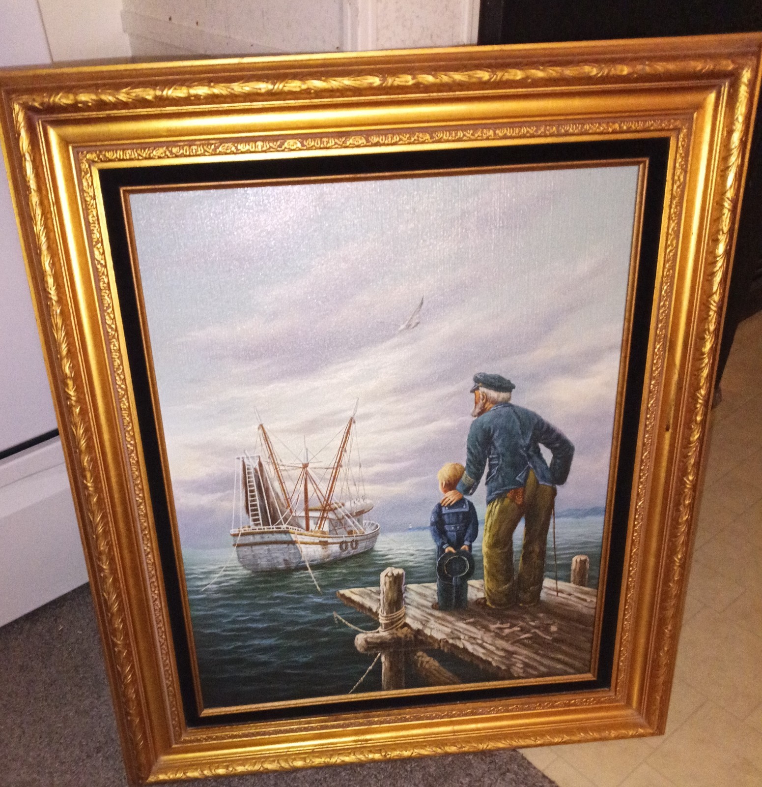 oil painting vintage Captain showing boy his world oil painting vintage Captain showing boy his world