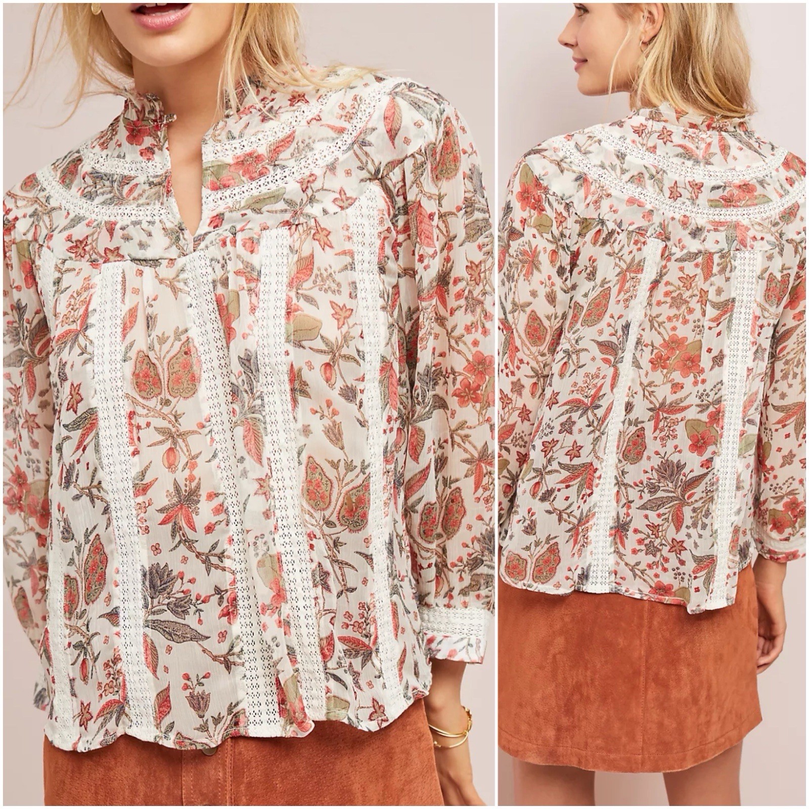 Anthropologie Size 6 Feather Bone Elena Floral Lace Trim Boho Peasant Blouse Top Anthropologie Size 6 Feather Bone Elena Floral Lace Trim Boho Peasant Blouse Top