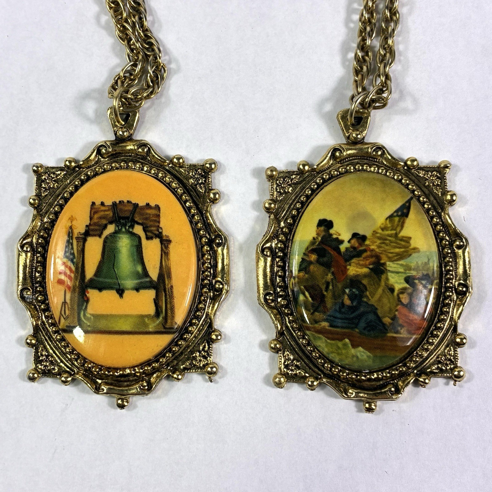2 Vintage Colonial American Pendant Necklaces Liberty Bell & George Washington 2 Vintage Colonial American Pendant Necklaces Liberty Bell & George Washington