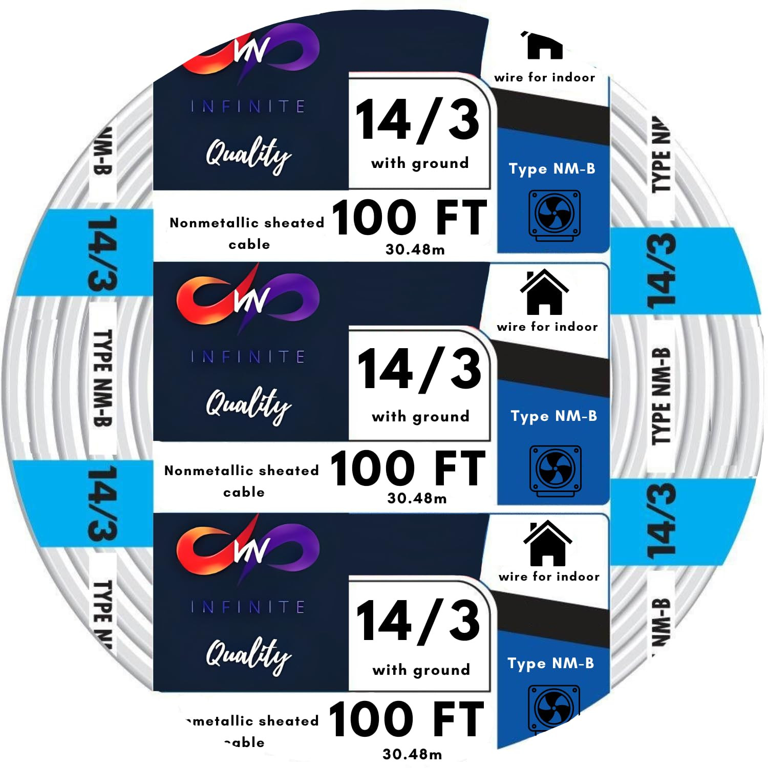 14/3 NM-B Wire with Ground NMB Cable 14 Gauge, 3 Conductor Electrical Wire Non-M 14/3 NM-B Wire with Ground NMB Cable 14 Gauge, 3 Conductor Electrical Wire Non-M