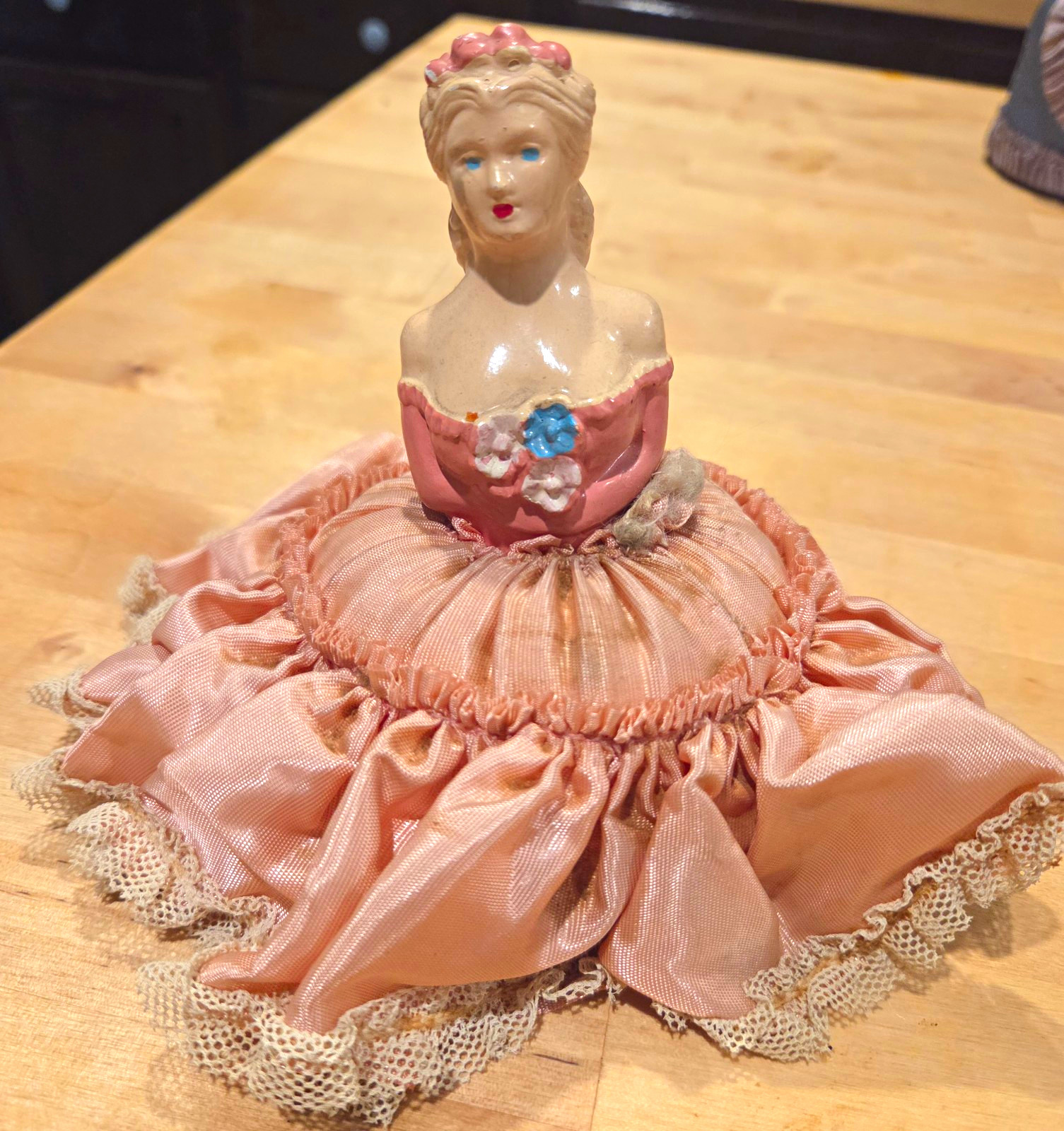Antique 1920s Porcelain Half Doll Pin Cushion Pink Dress Skirt Satin Lace