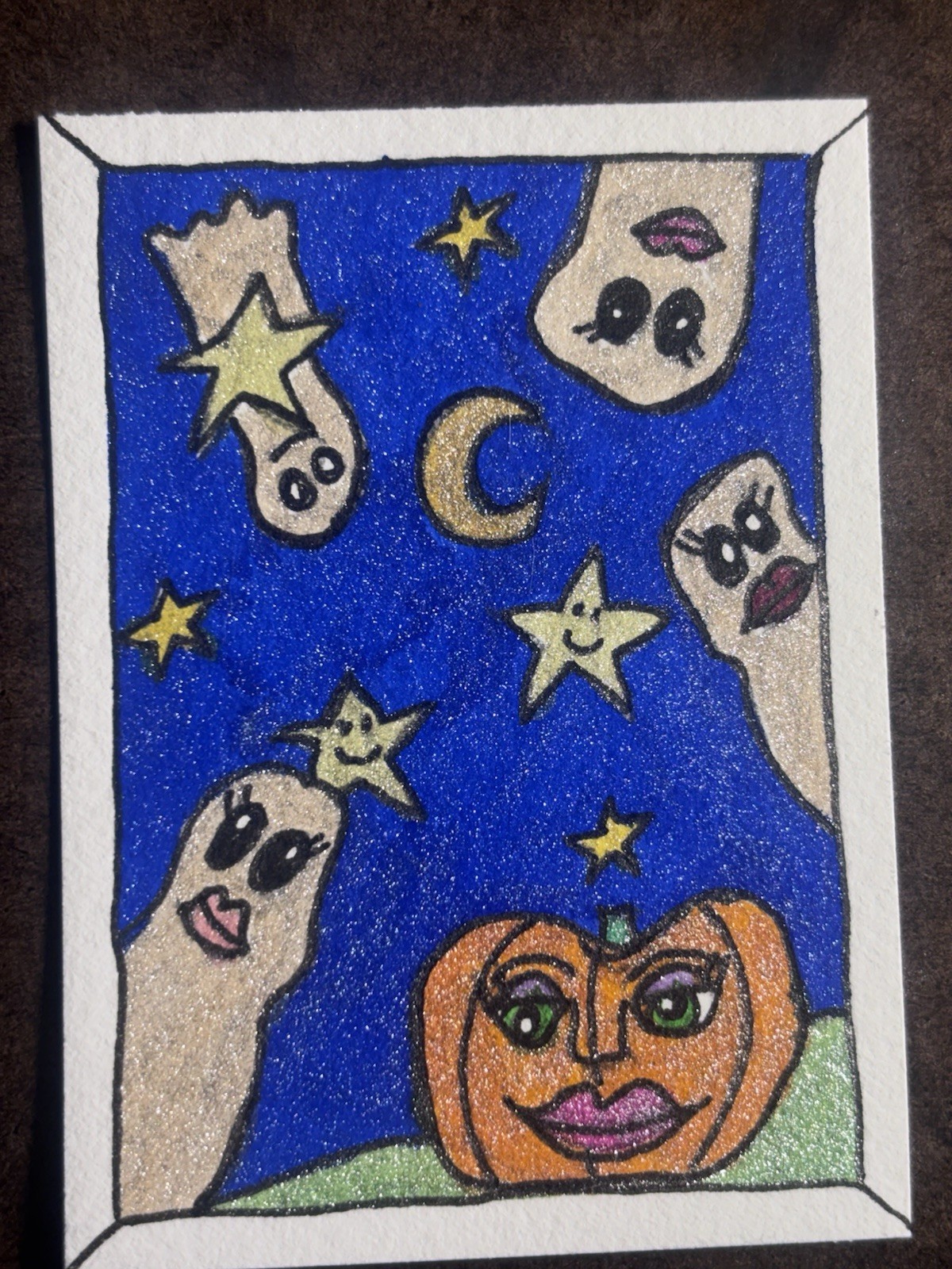 ACEO The Pumpkin And The Ghosts Original Marker Stacy Hedrick Art 2.5 X 3.5\ ACEO The Pumpkin And The Ghosts Original Marker Stacy Hedrick Art 2.5 X 3.5\