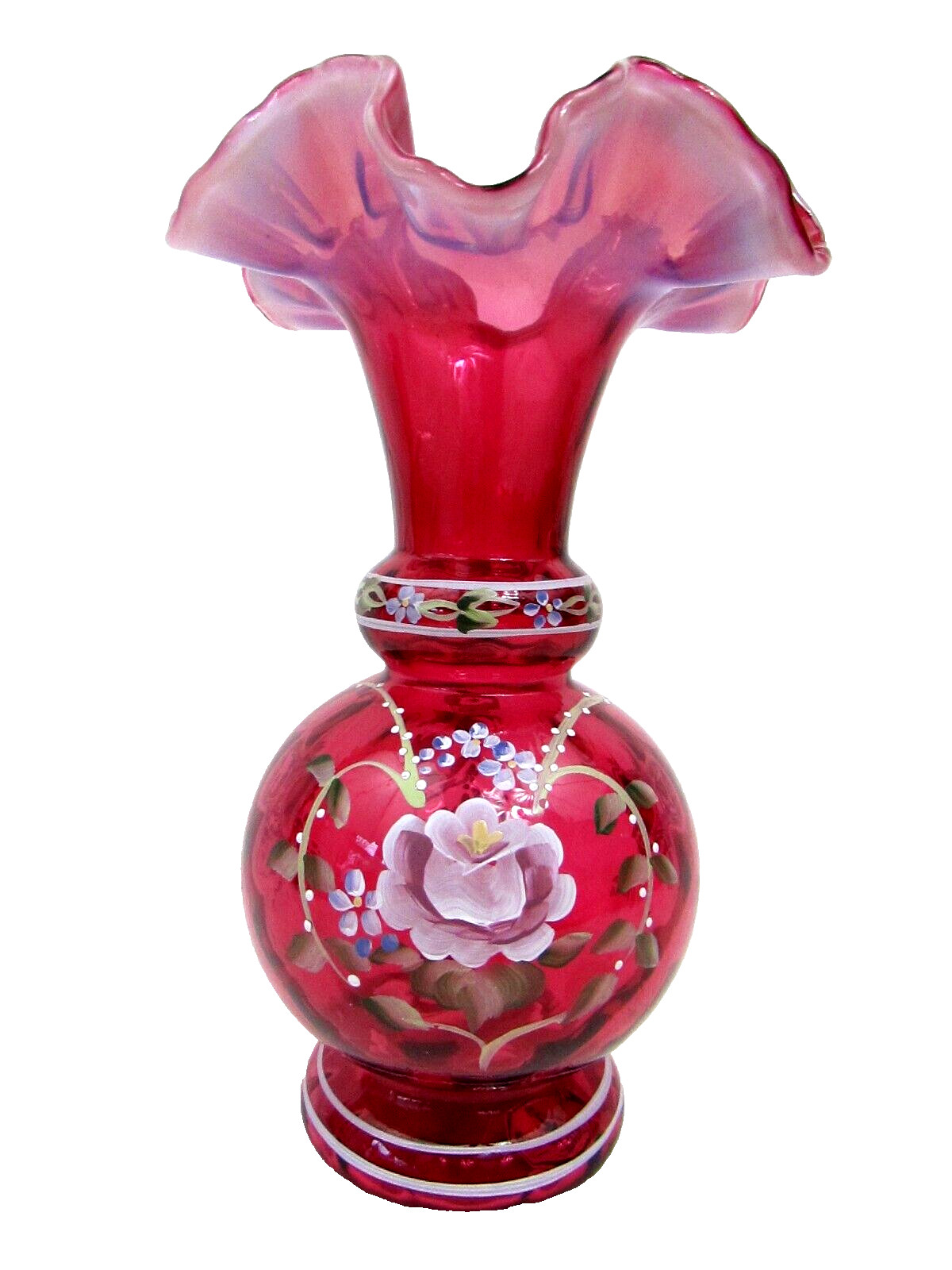 FENTON 1997 LE Cranberry Opalescent Diamond Optic Glass Vase Signed Bill Fenton