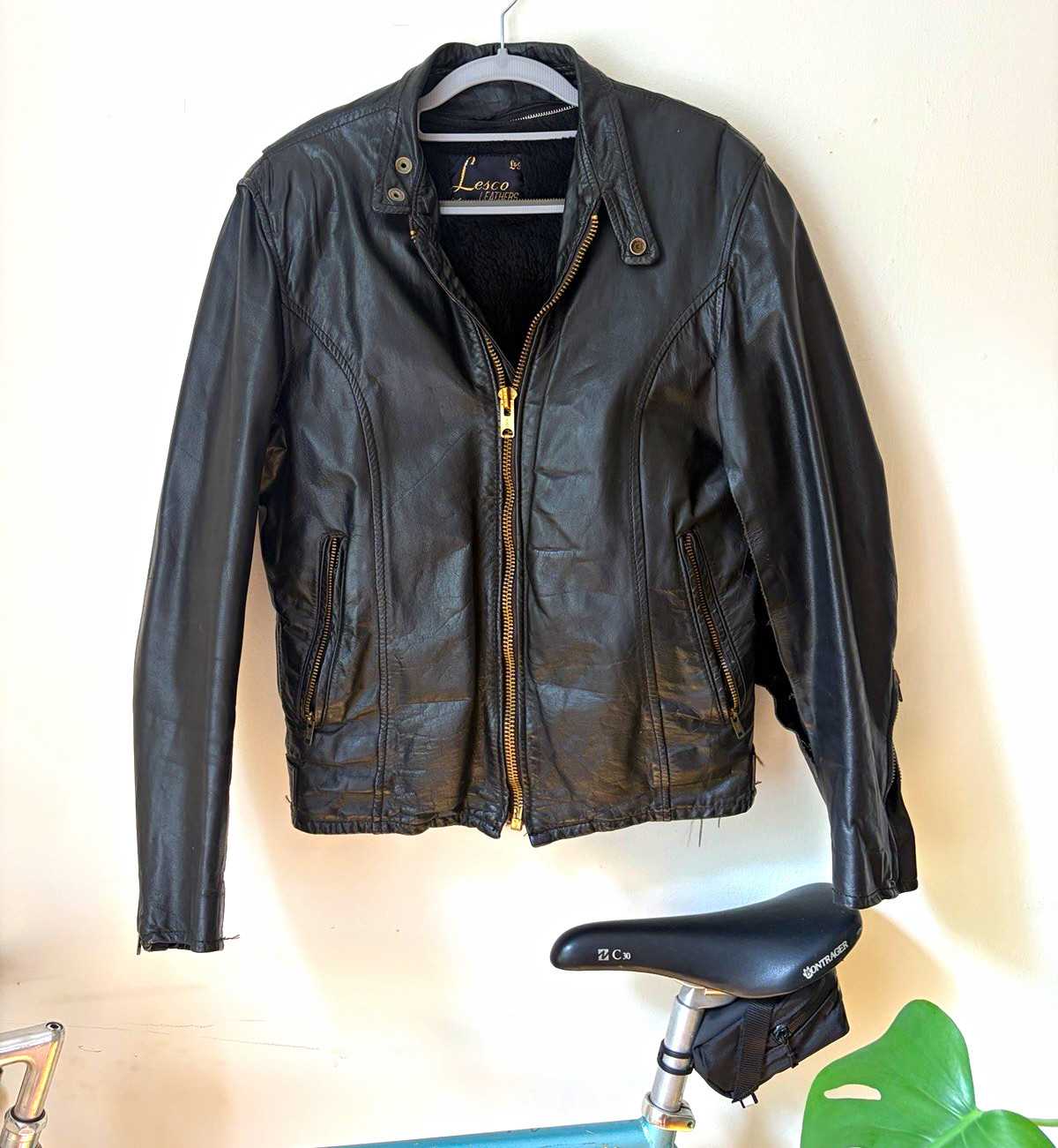 Lesco Leathers Men\'s Black Biker Jacket 1960s 1970s Zip Lined 36 