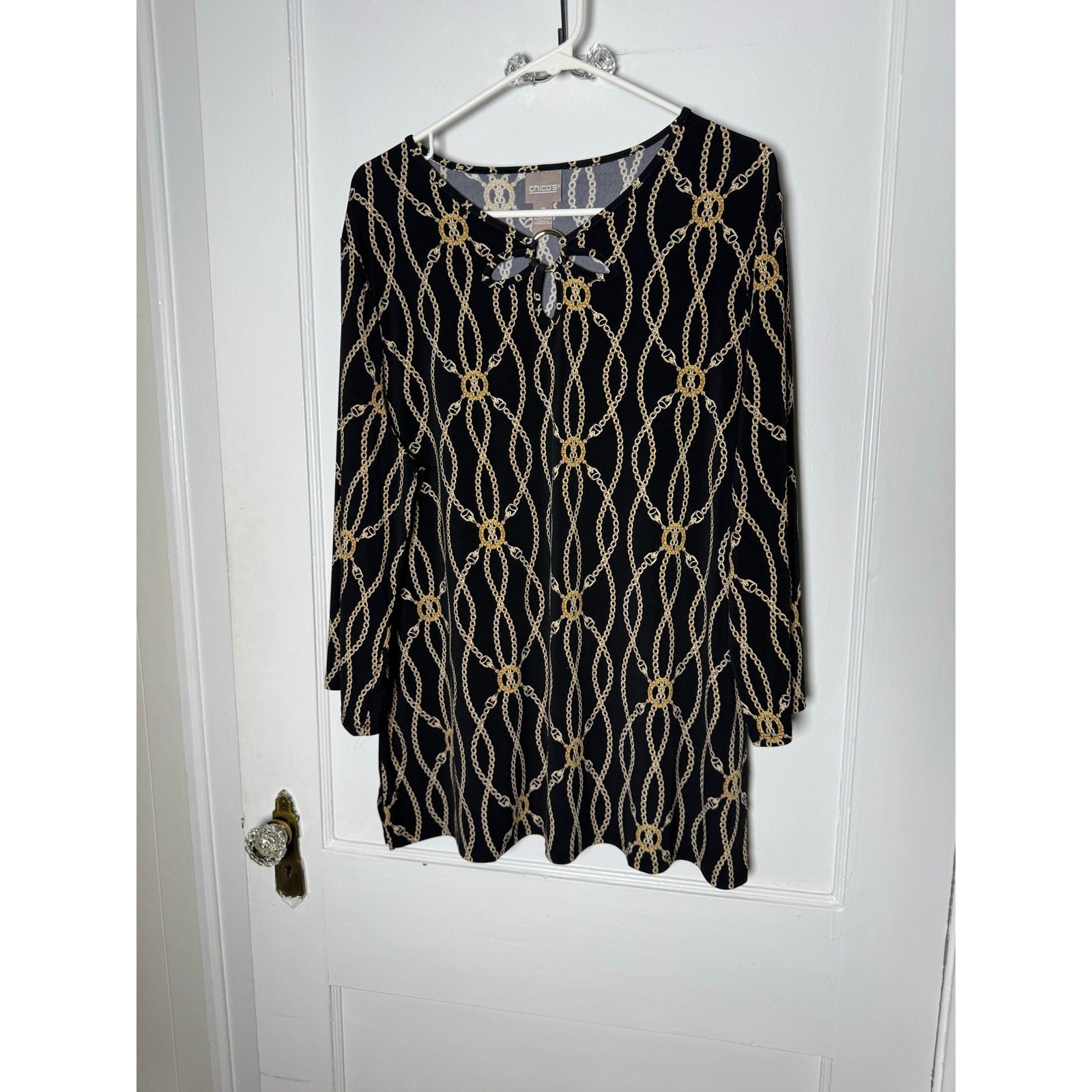 Chico’s Size 3 XL Black Gold Chain Print Tunic Top Quiet Luxury Equestrian