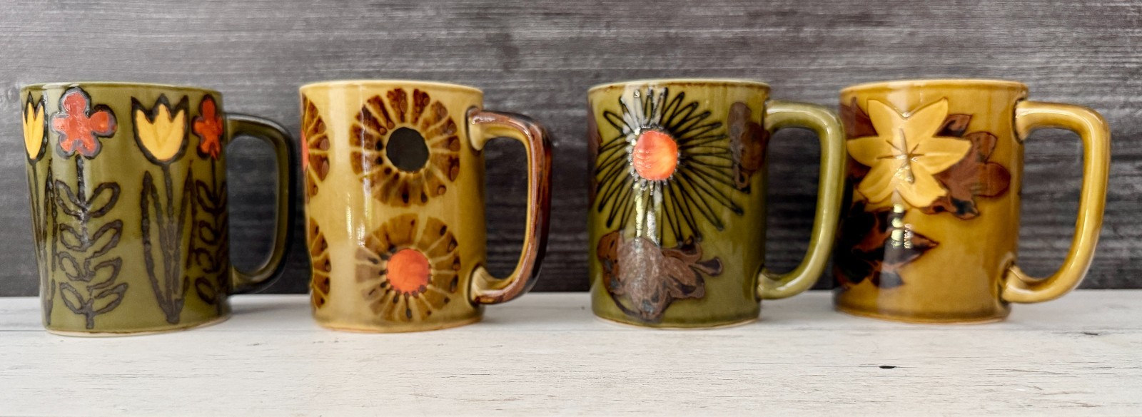 Vintage Otagiri Style Stoneware Mugs Set Of 4 Retro MCM 1970s Floral