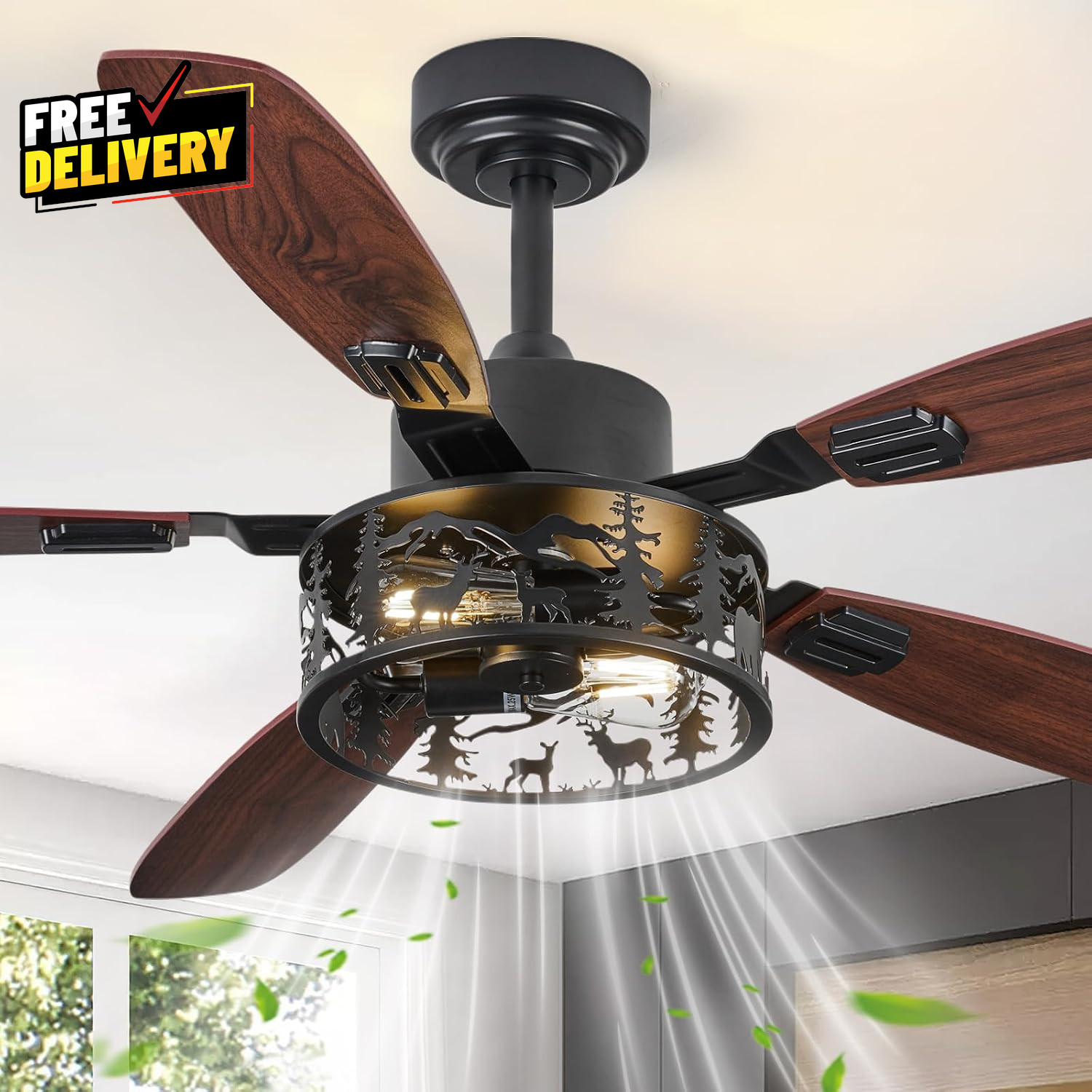 Farmhouse Rustic Ceiling Fan with Light Deer Bear Design