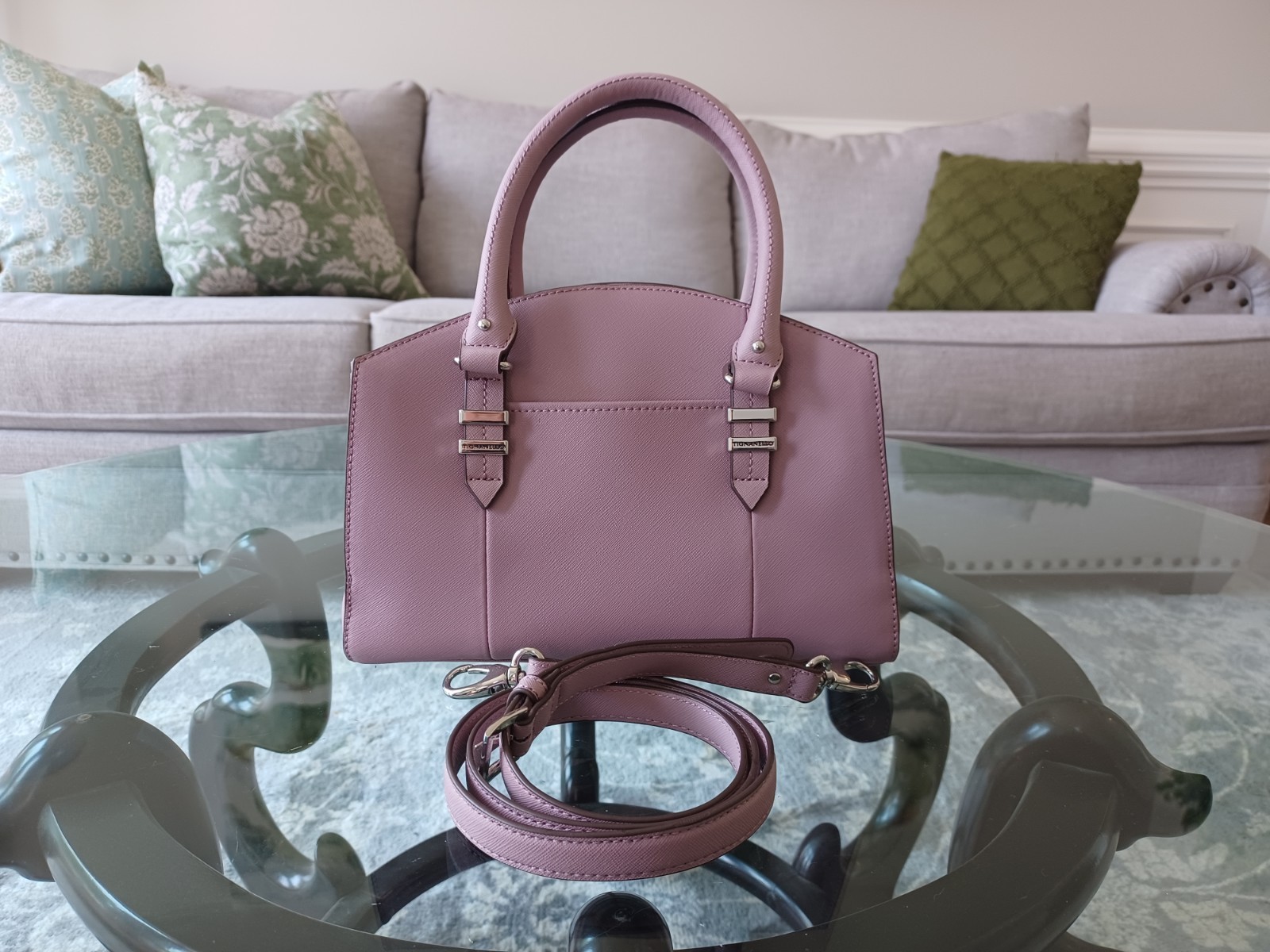Tignanello Mauve Satchel with Detachable Strap Silver Hardware Inner Pockets