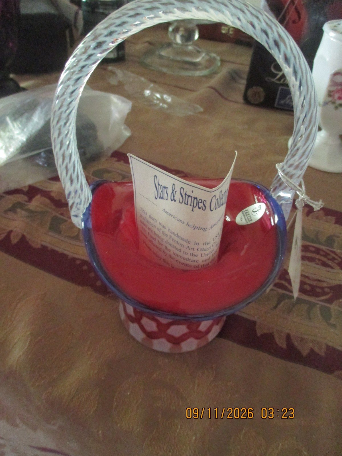 FENTON Patriotic Art Glass Stars & Stripes Basket 2001 Red White Blue NWOB