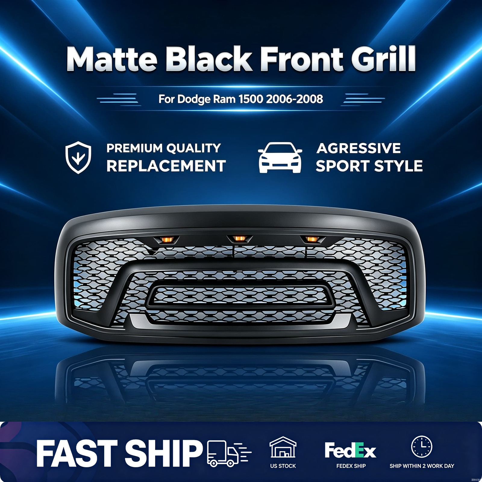 US Stock Front Grill for Dodge Ram 1500 2006-2008 Matte Black W/ LED Fast Ship