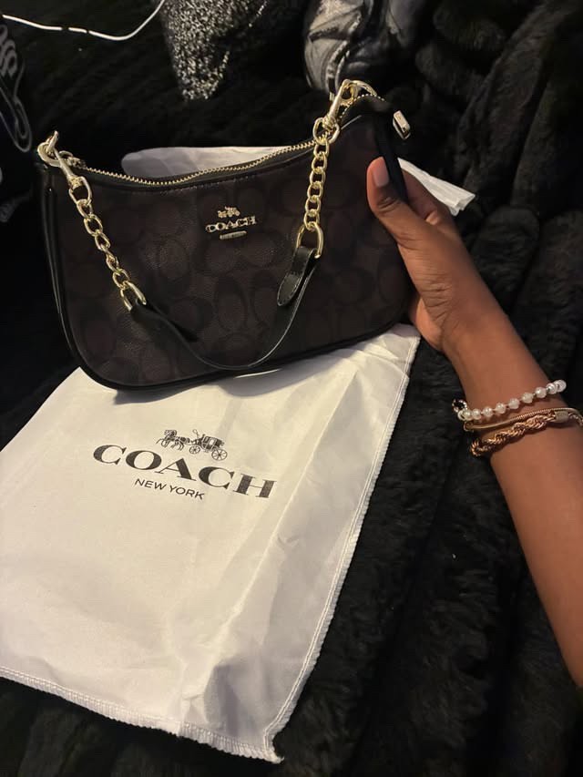 Coach Teri Signature Monogram Bag Brown/Black Zip Gold Chain Strap Coach Teri Signature Monogram Bag Brown/Black Zip Gold Chain Strap