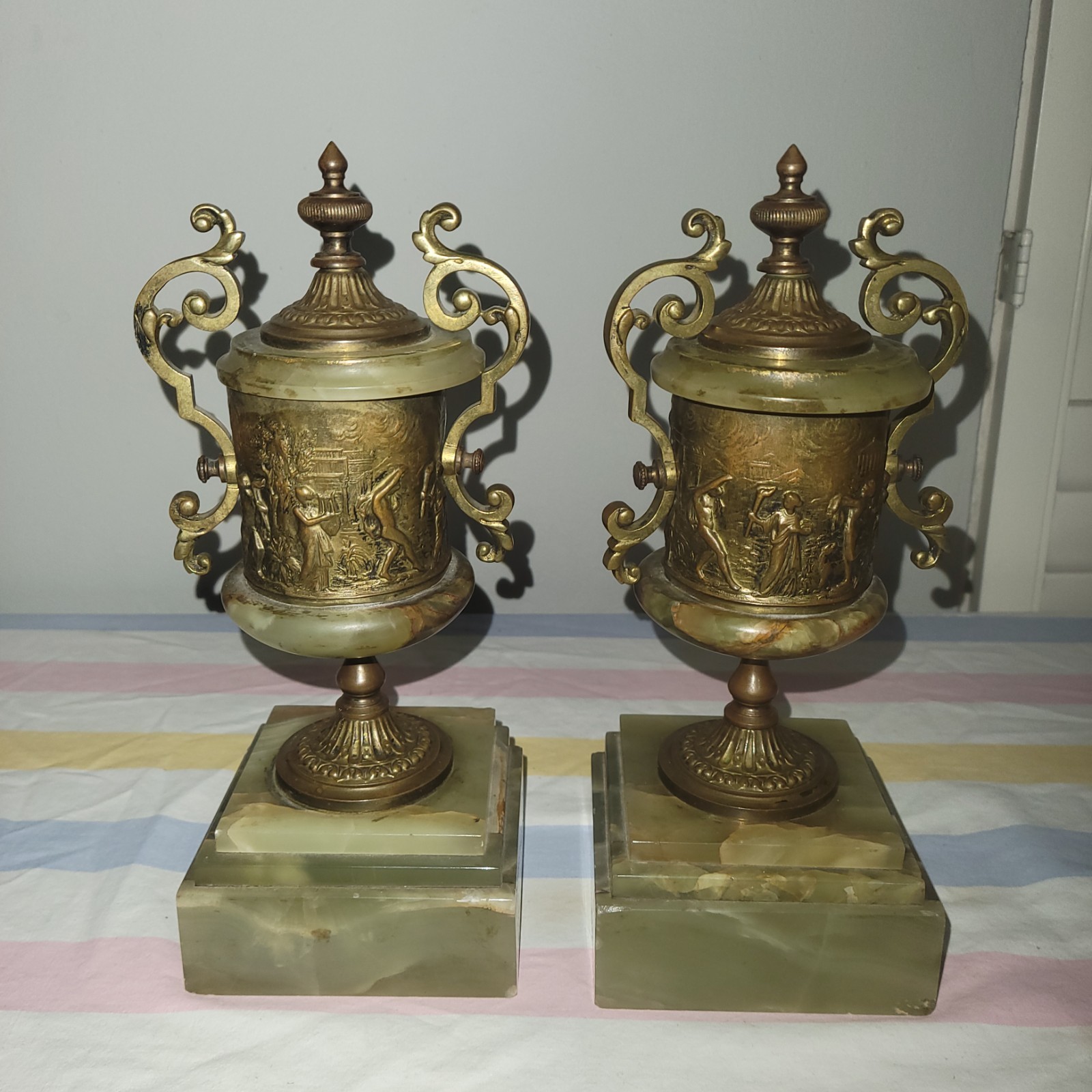 Rare Pair of Ornate Classical Bronze Urns with Green Onyx Stone Bases – FRANCE