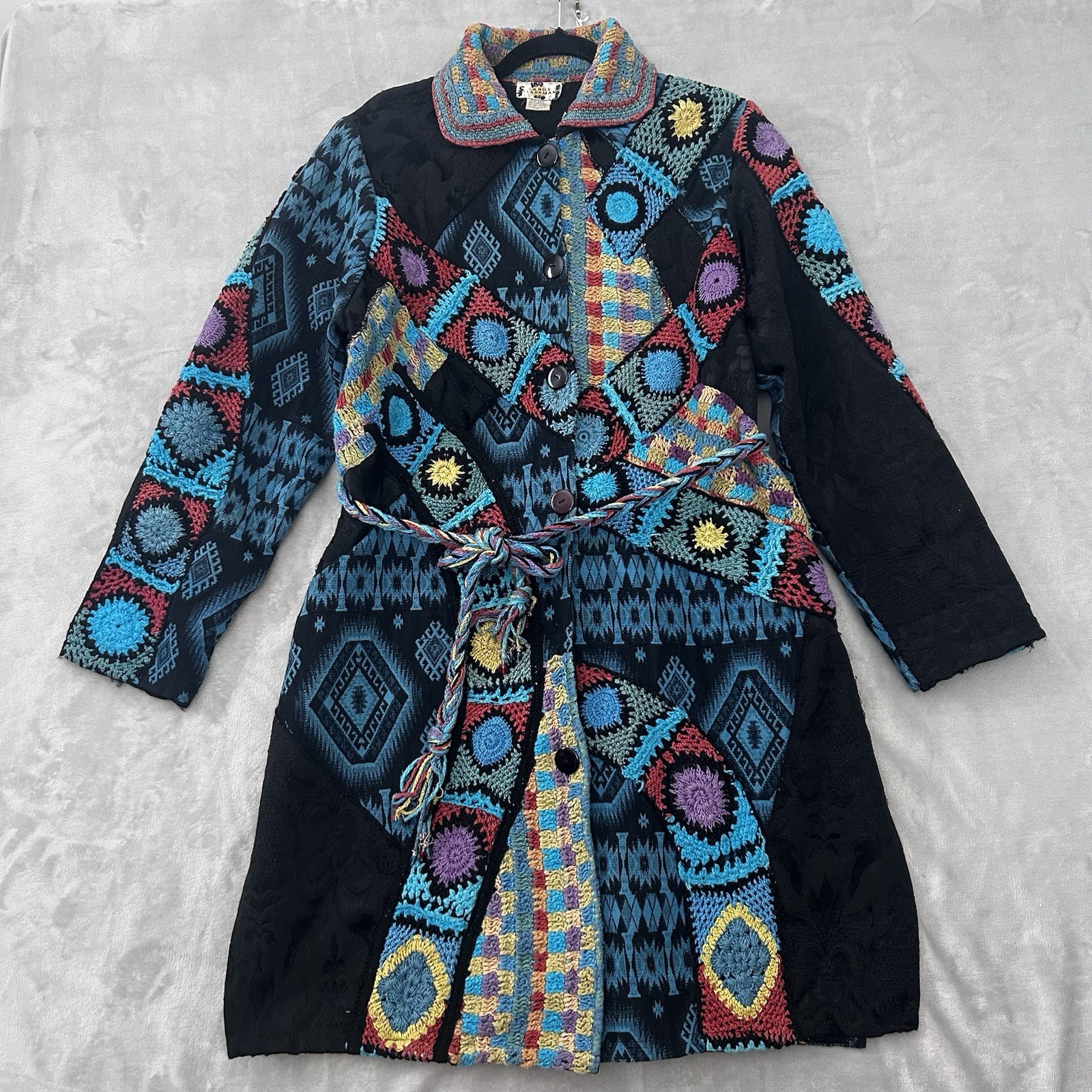 VTG Sandy Starkman Trench Coat Womens XL Patchwork Wearable Art Boho Colorful VTG Sandy Starkman Trench Coat Womens XL Patchwork Wearable Art Boho Colorful