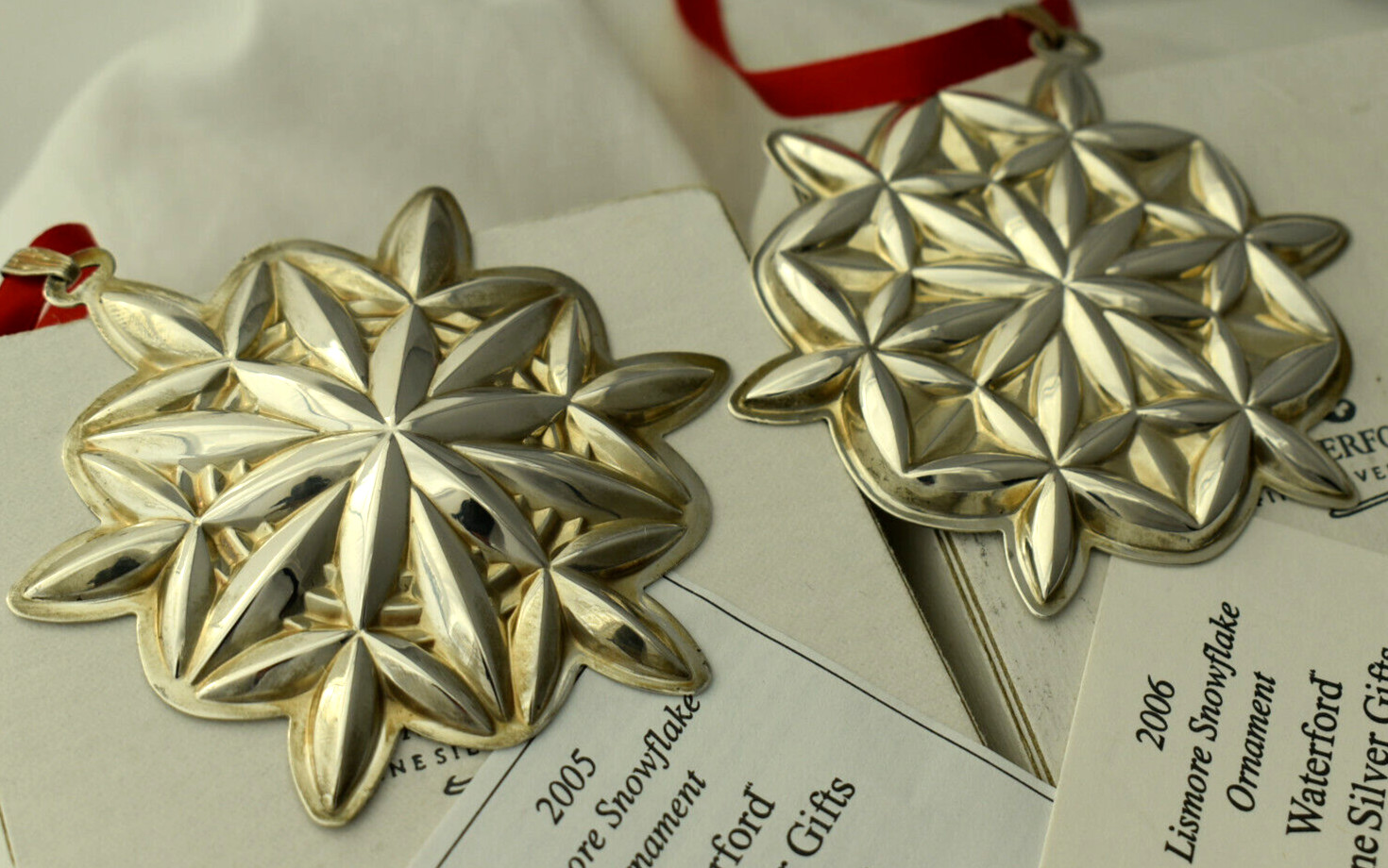 2 Reed Barton WATERFORD STERLING SNOWFLAKE Christmas ORNAMENT Lismore  2005-06