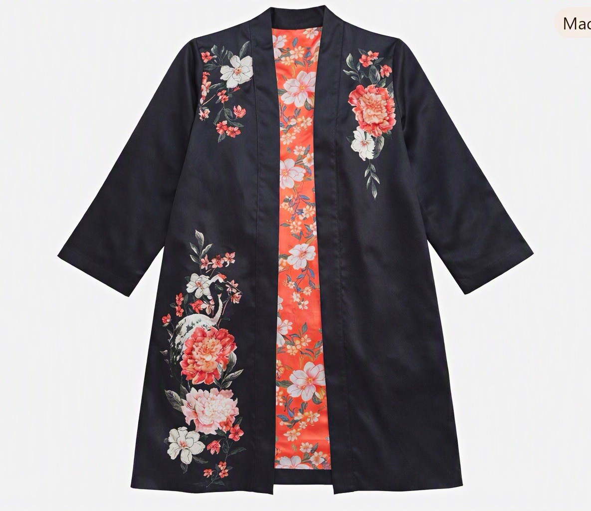 Chico\'s Black/Red Floral Open Front Kimono Jacket Lightweight 3/4 Sleeve Sz 2