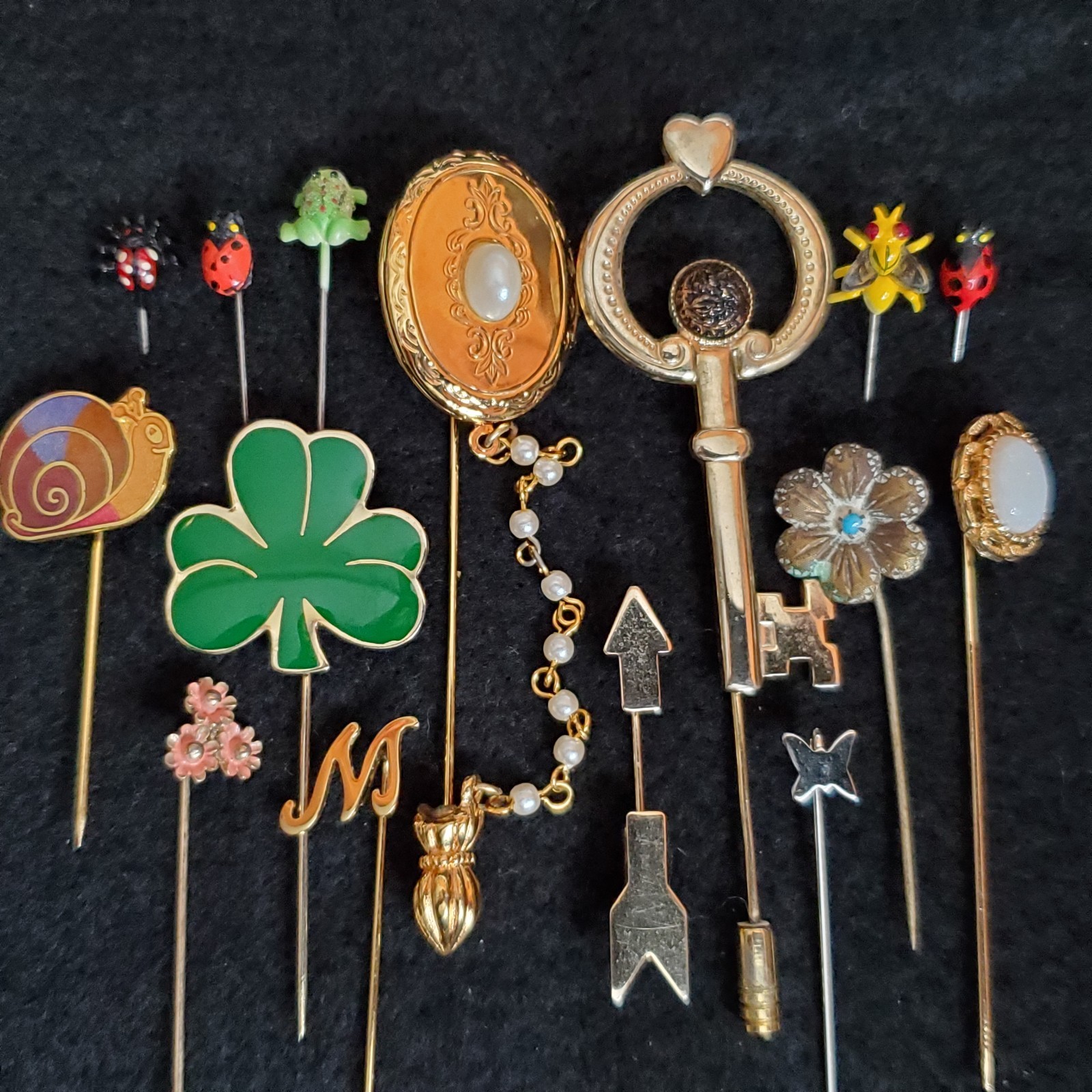 Vintage Stick Pin Lot Avon Locket Miniature Bugs Key Floral