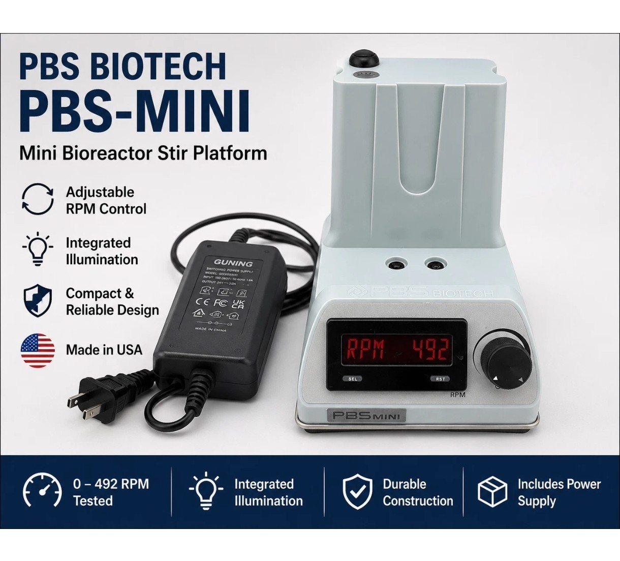 PBS Biotech PBS-MINI Bioreactor Base Unit IA-UNI-B-501 w/ Power Adapter w/Warran PBS Biotech PBS-MINI Bioreactor Base Unit IA-UNI-B-501 w/ Power Adapter w/Warran