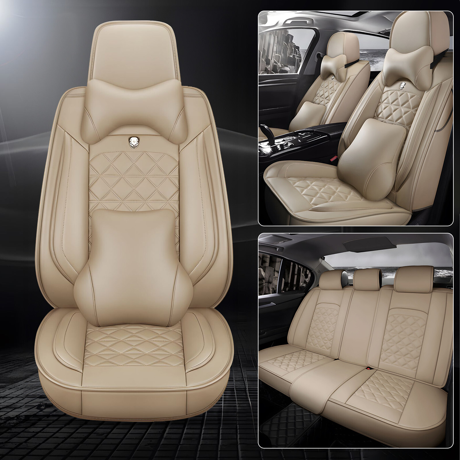 PU Leather Universal Car Seat Covers 5-Seat Full Set Front Rear Cushion Covers
