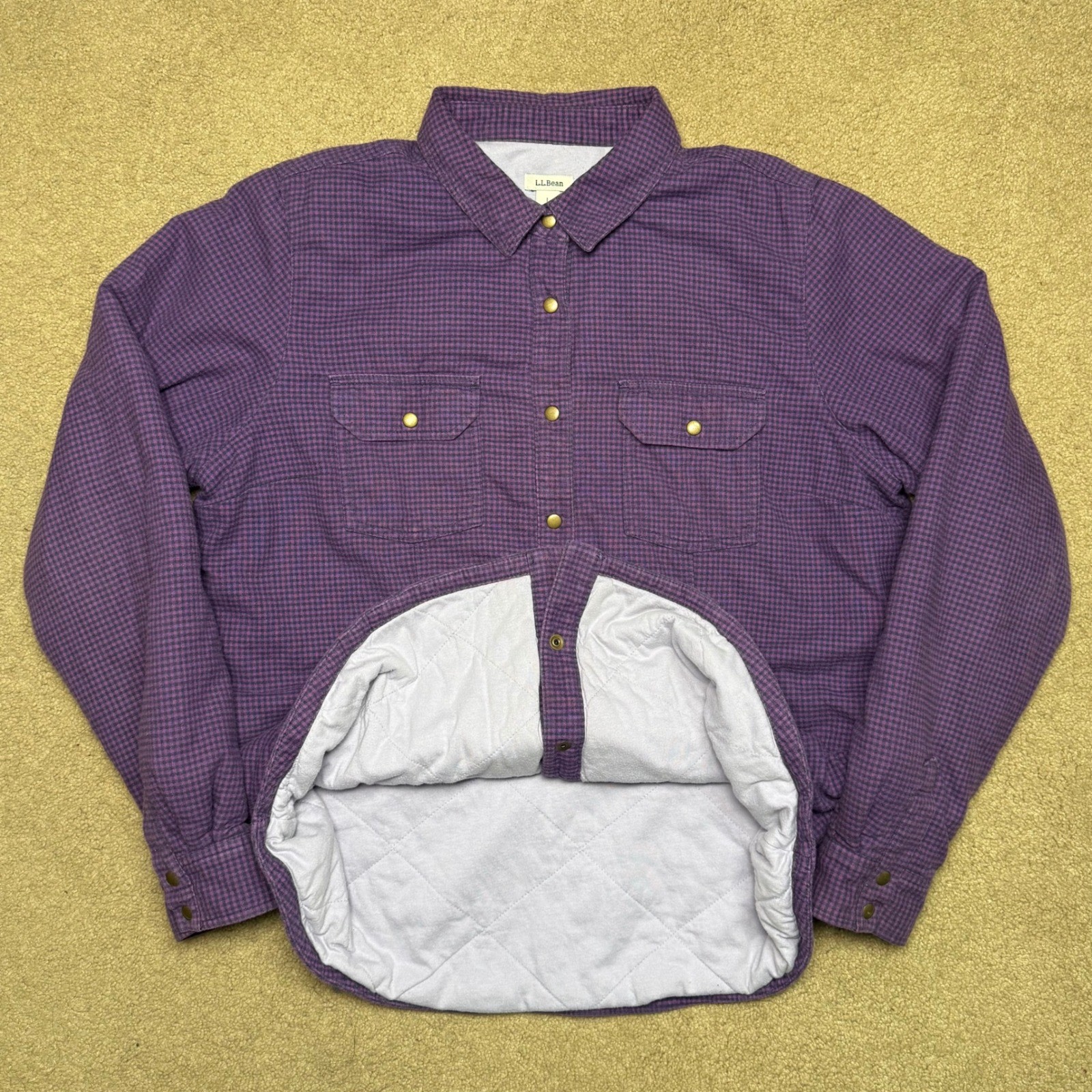 VTG LL Bean Quilted Shirt Jacket Women L Purple Gingham Insulated Shacket 284045