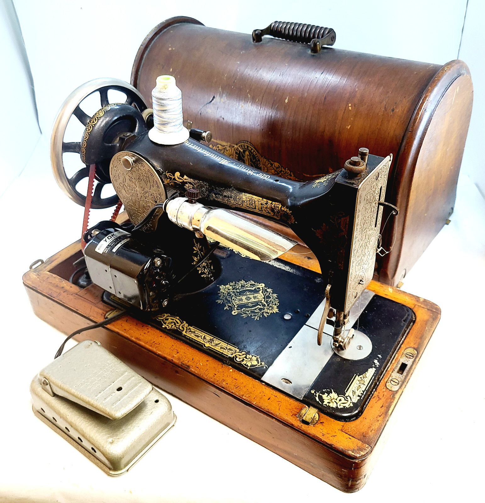 1917 Singer Electric Sewing Machine 66 Bentwood Case Well Maintained see Video