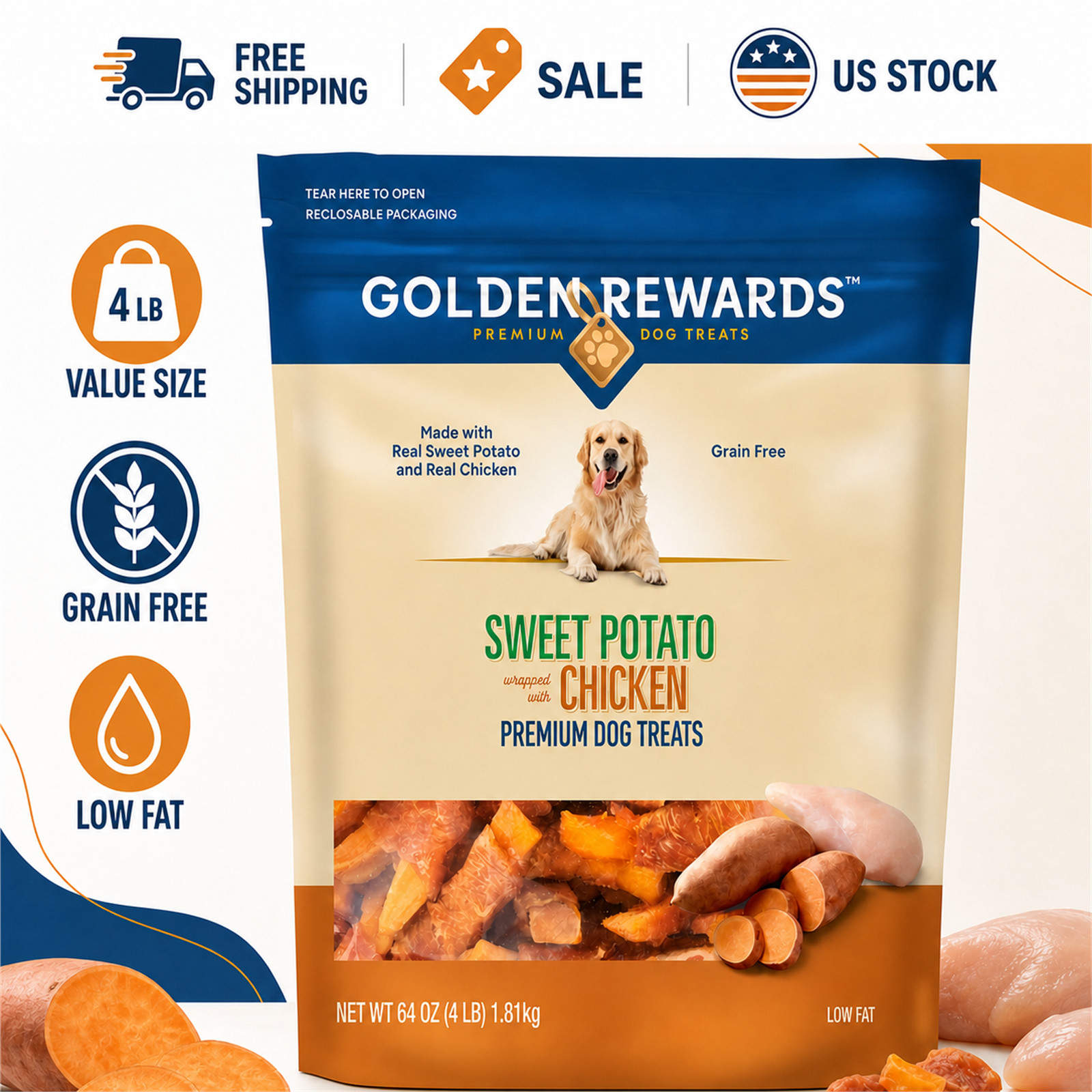 Golden Rewards Sweet Potato Wrapped Chicken Dog Treats Grain Free 64 oz 4 lb