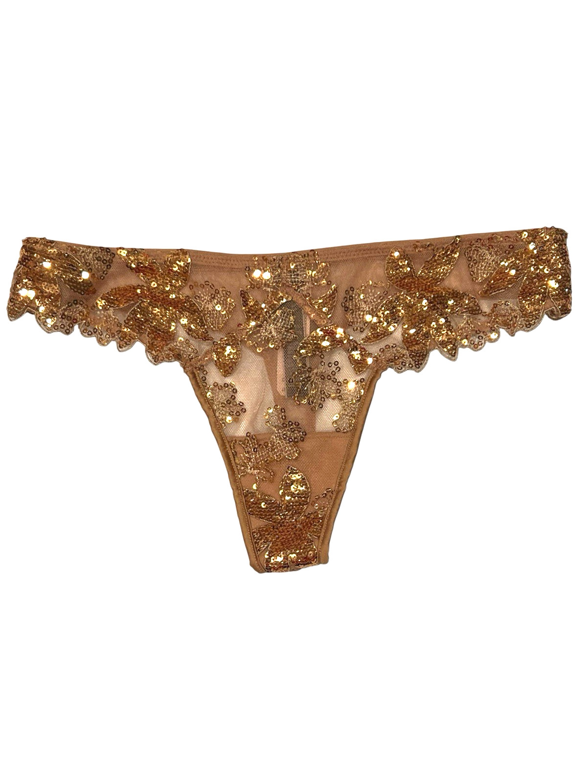 NWT VICTORIA'S SECRET Very Sexy Thong Pantie Sz XS-S-M Beige Mesh Gold Sequins