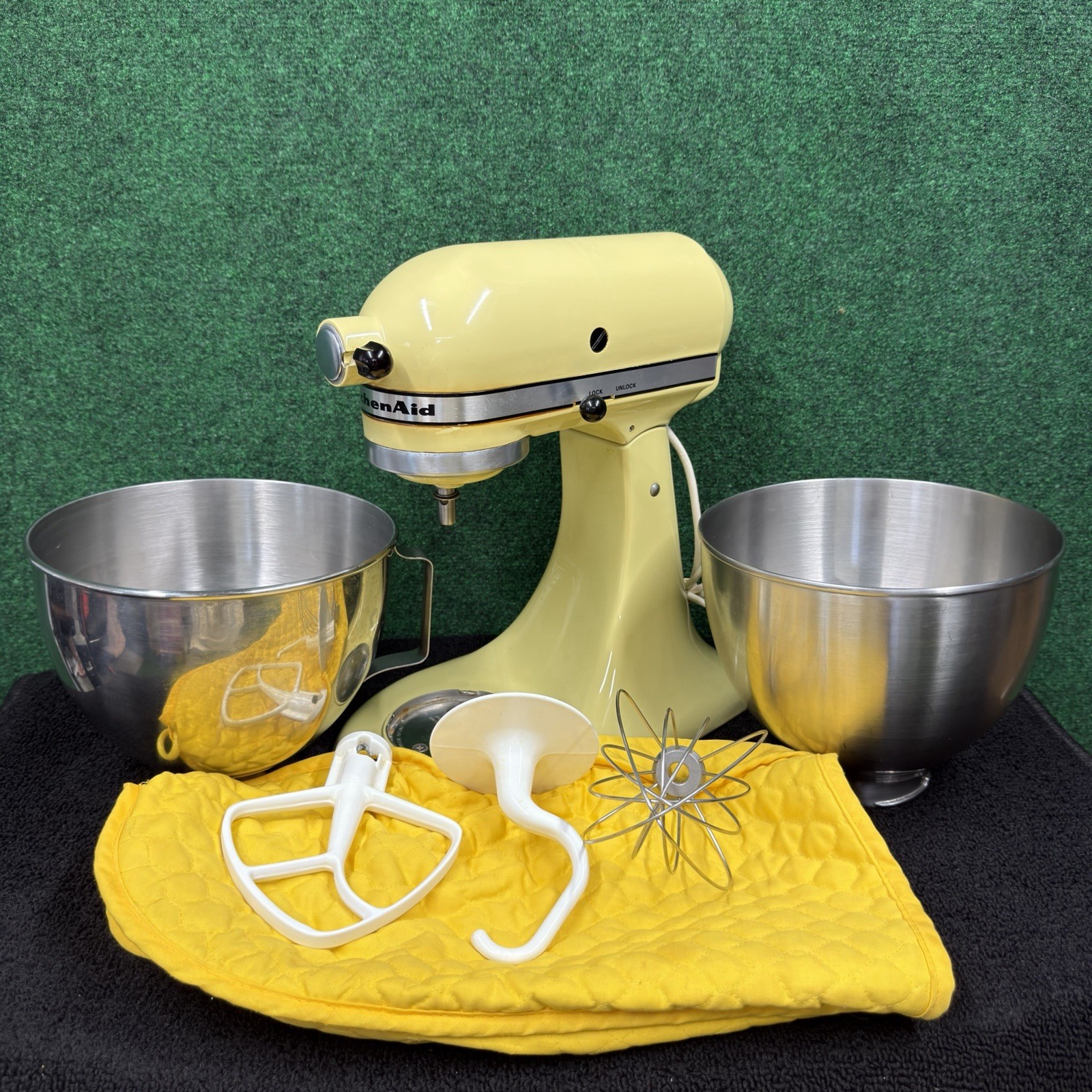 Vintage 1978 KitchenAid Hobart Tilt Head Mixer Harvest Yellow w/ Cover & 2 Bowls
