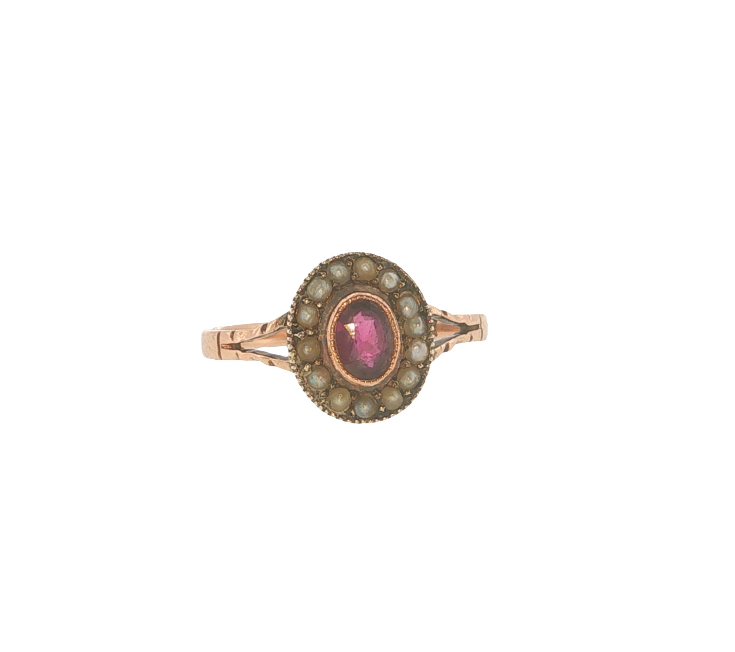 Antique 9ct Rose Gold Almandine Garnet & Seed Pearl Ring- Birmingham 1914