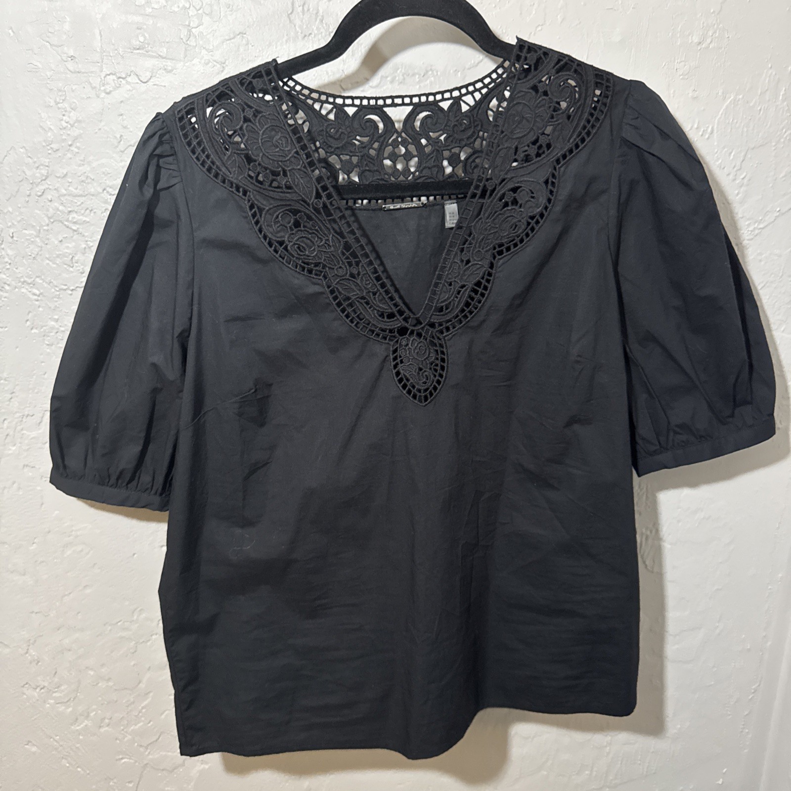 Elie Tahari Black Lace Trim Cotton Blouse Puff Sleeve V Neck Top M NWOT $265