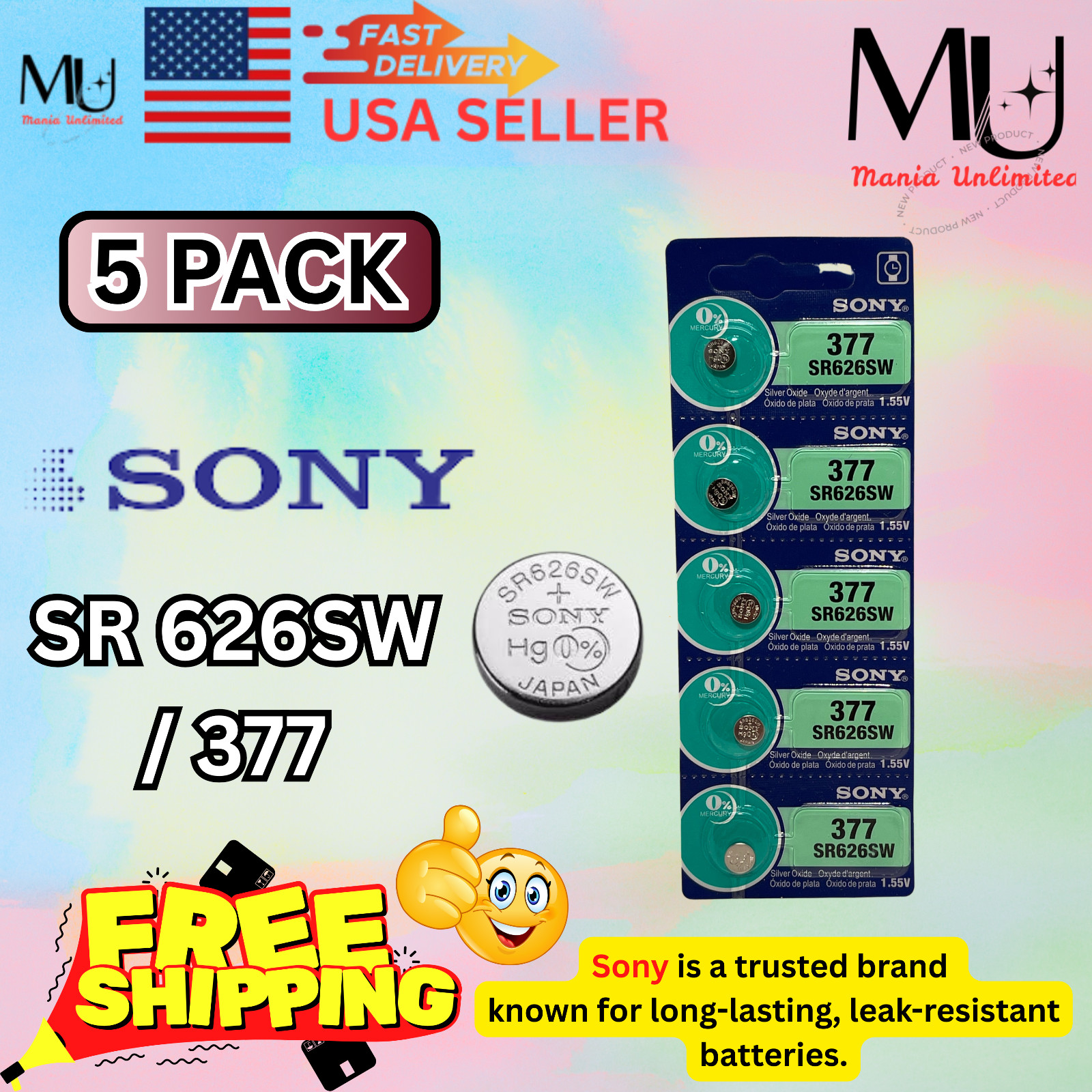 5 X New SONY 377 SR626SW 1.55V Silver Oxide Button Battery Expire Date Dec/2031