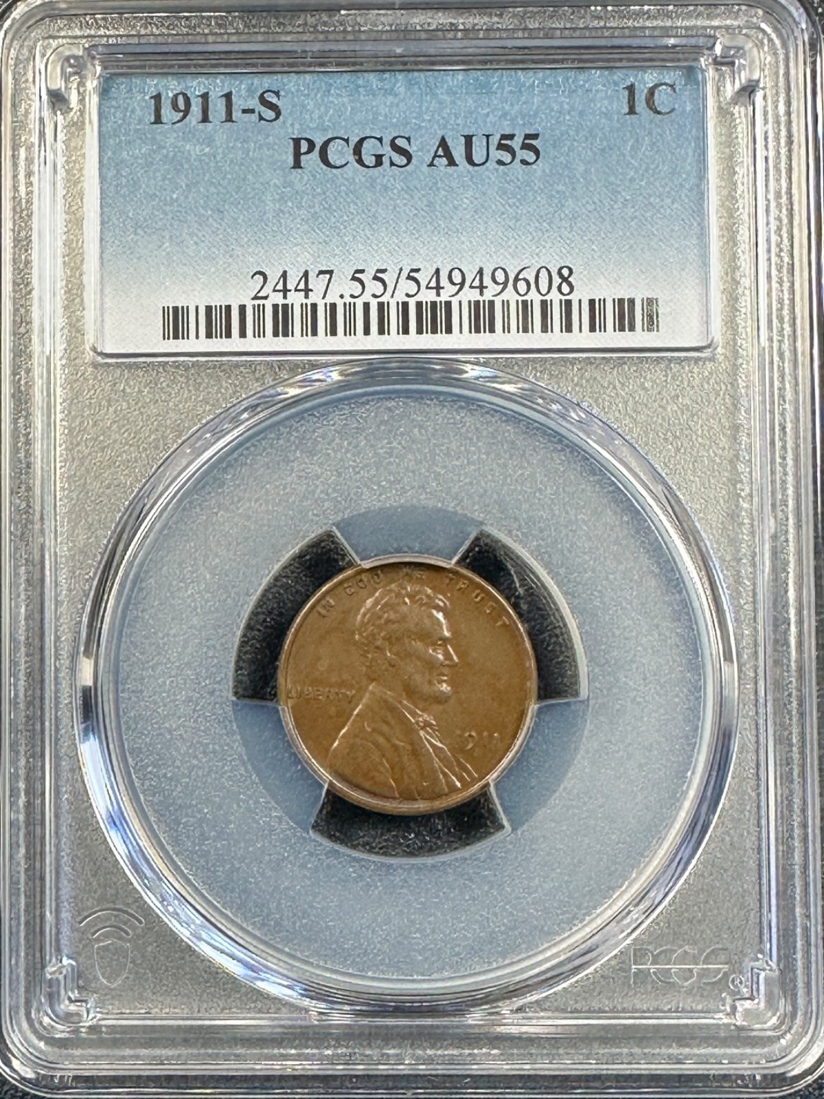 1911-S  LINCOLN CENT   PCGS  AU55  KEY DATE