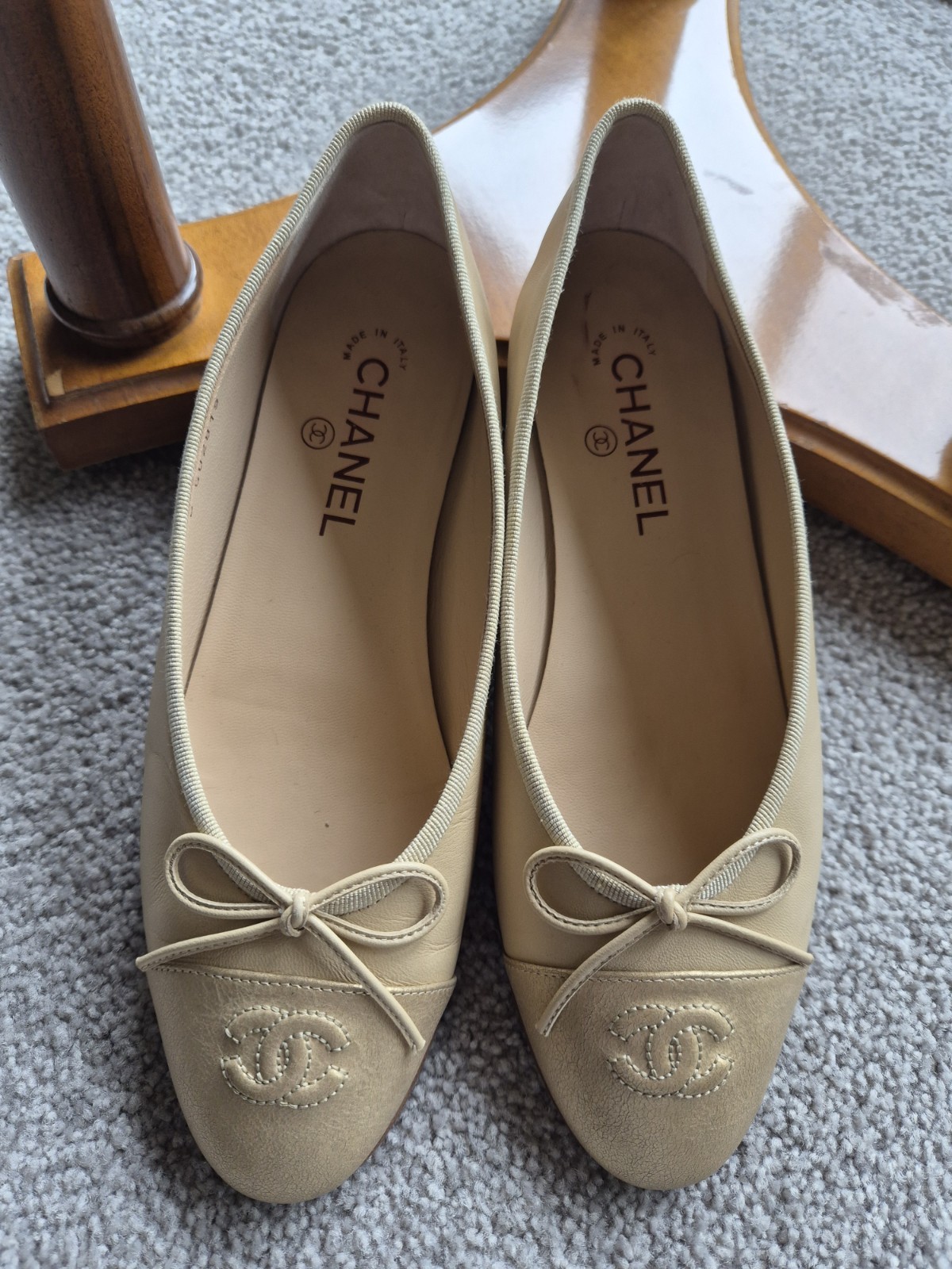 AUTH CHANEL G02819 CC Bow Ballet Flats Cream Beige Leather Made Italy,size 39.5C