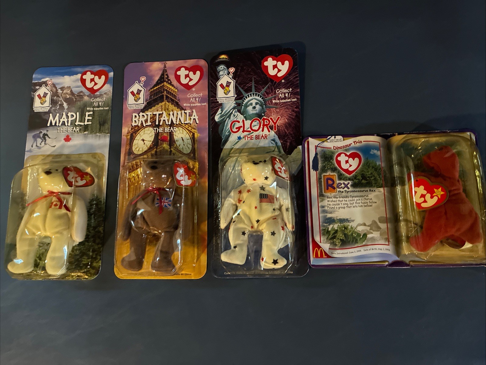 New 1999 Ty Teenie Beanie Babies McDonalds International Set Of 3 Plus REX