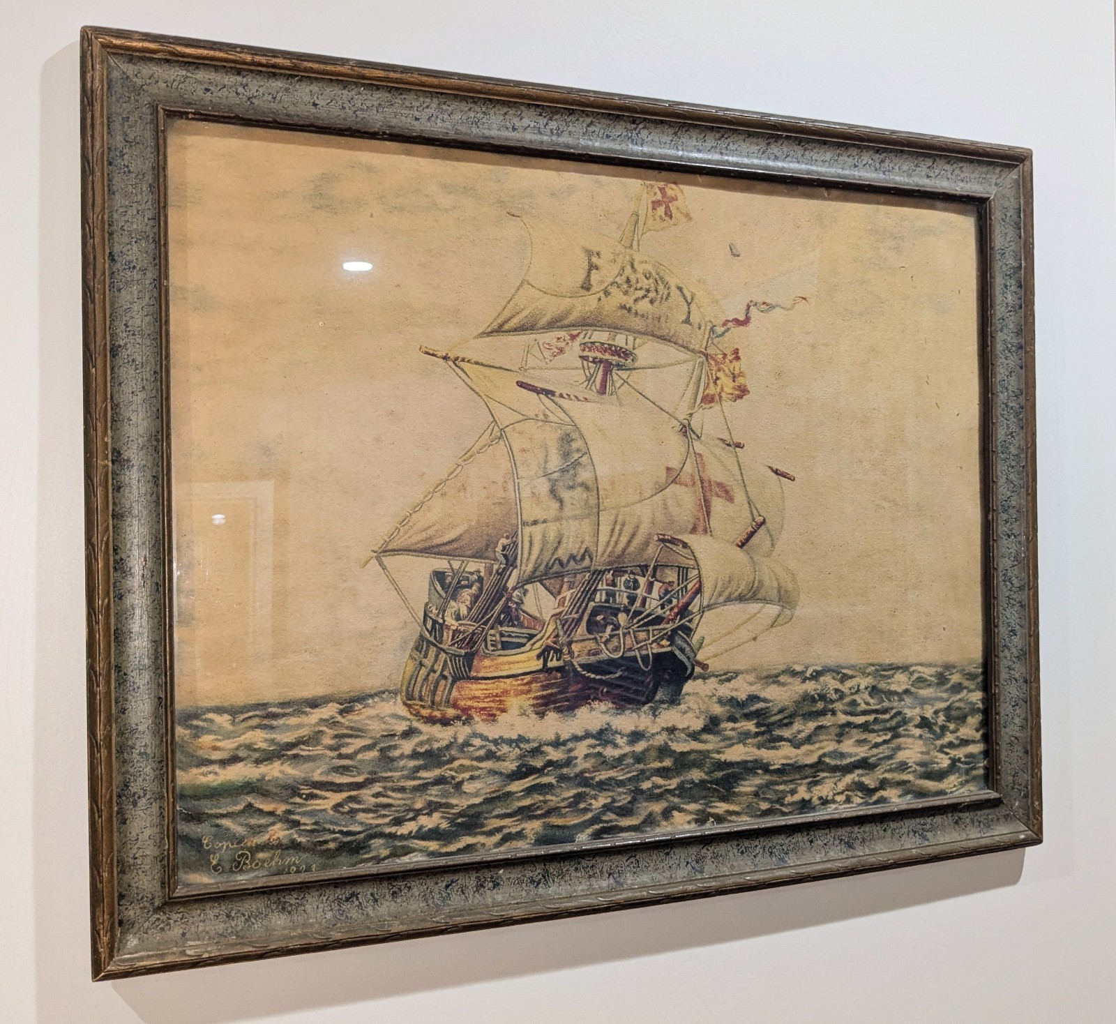 23.5 x 29.5 Antique Vintage Framed Nautical Sailing Galleon Ship E. Boehm 1923 