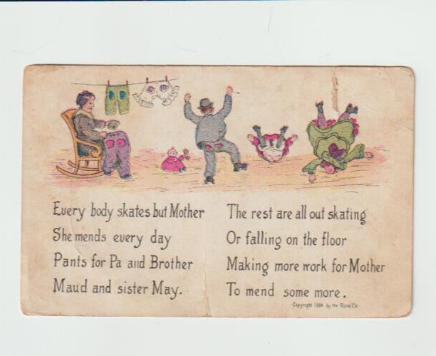 Busy Mother Family Skating Poem Postcard Postmarked 1907 Soldier Kansas