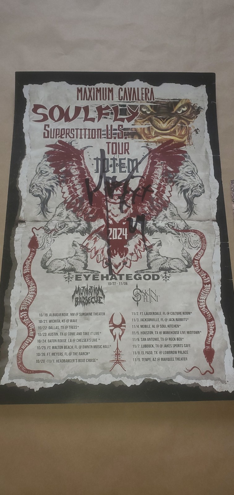 MAX CAVALERA SIGNED SOULFLY 2024 11x17 TOUR POSTER SEPULTURA NAILBOMB MAX CAVALERA SIGNED SOULFLY 2024 11x17 TOUR POSTER SEPULTURA NAILBOMB