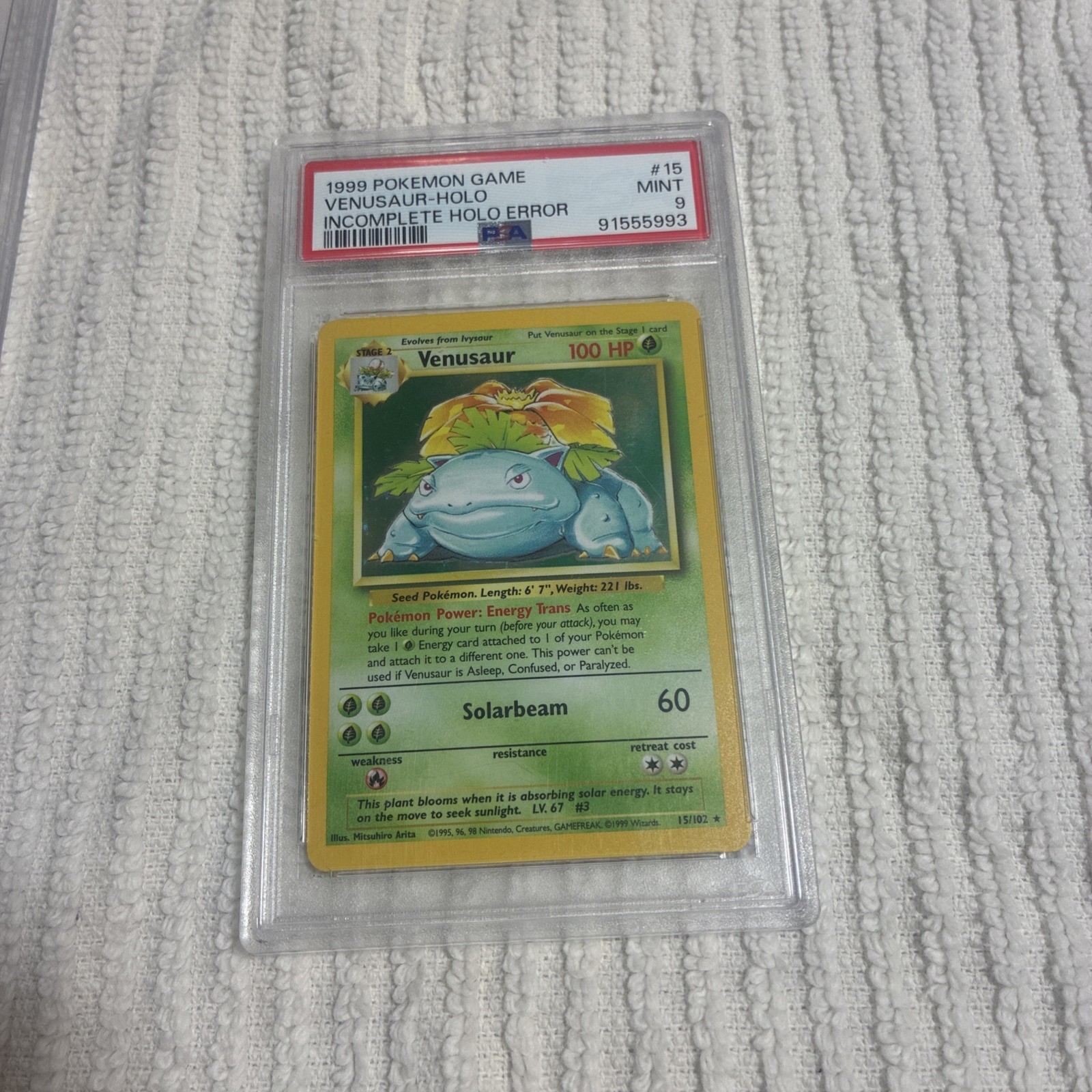 *READ DESC* 1999 Pokémon Venusaur Holo#15/102 PSA 9 MINT Incomplete Holo Error