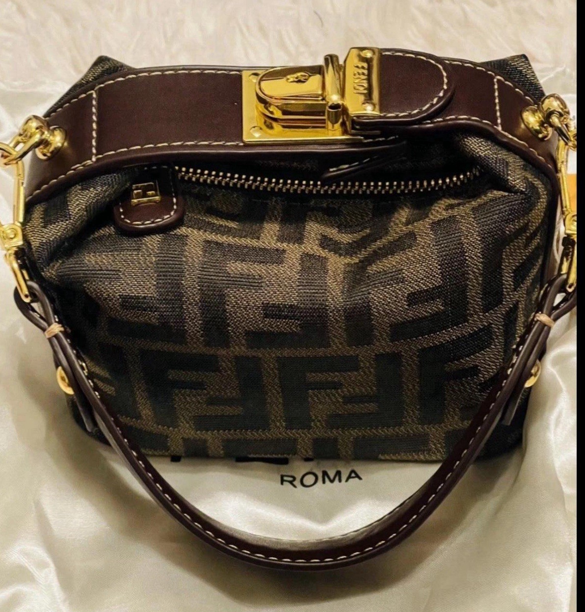 NeatlyusedFendi Zucca Brown Small Top Handle Satchel Zip Gold w/ Dust Bag NeatlyusedFendi Zucca Brown Small Top Handle Satchel Zip Gold w/ Dust Bag