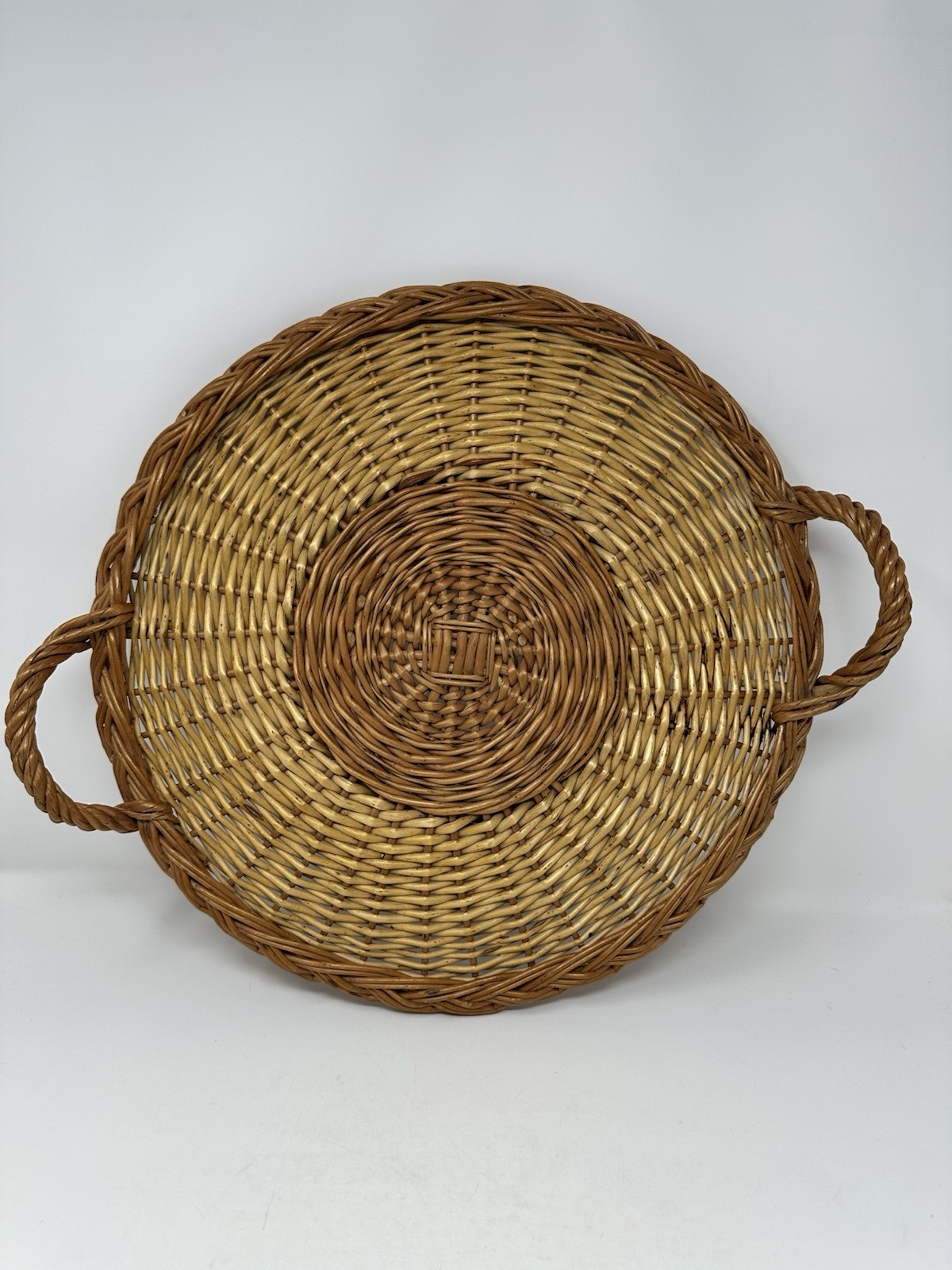 VTG Hand-Woven Wicker Tray With Handles Two-Tone MCM Boho VTG Hand-Woven Wicker Tray With Handles Two-Tone MCM Boho