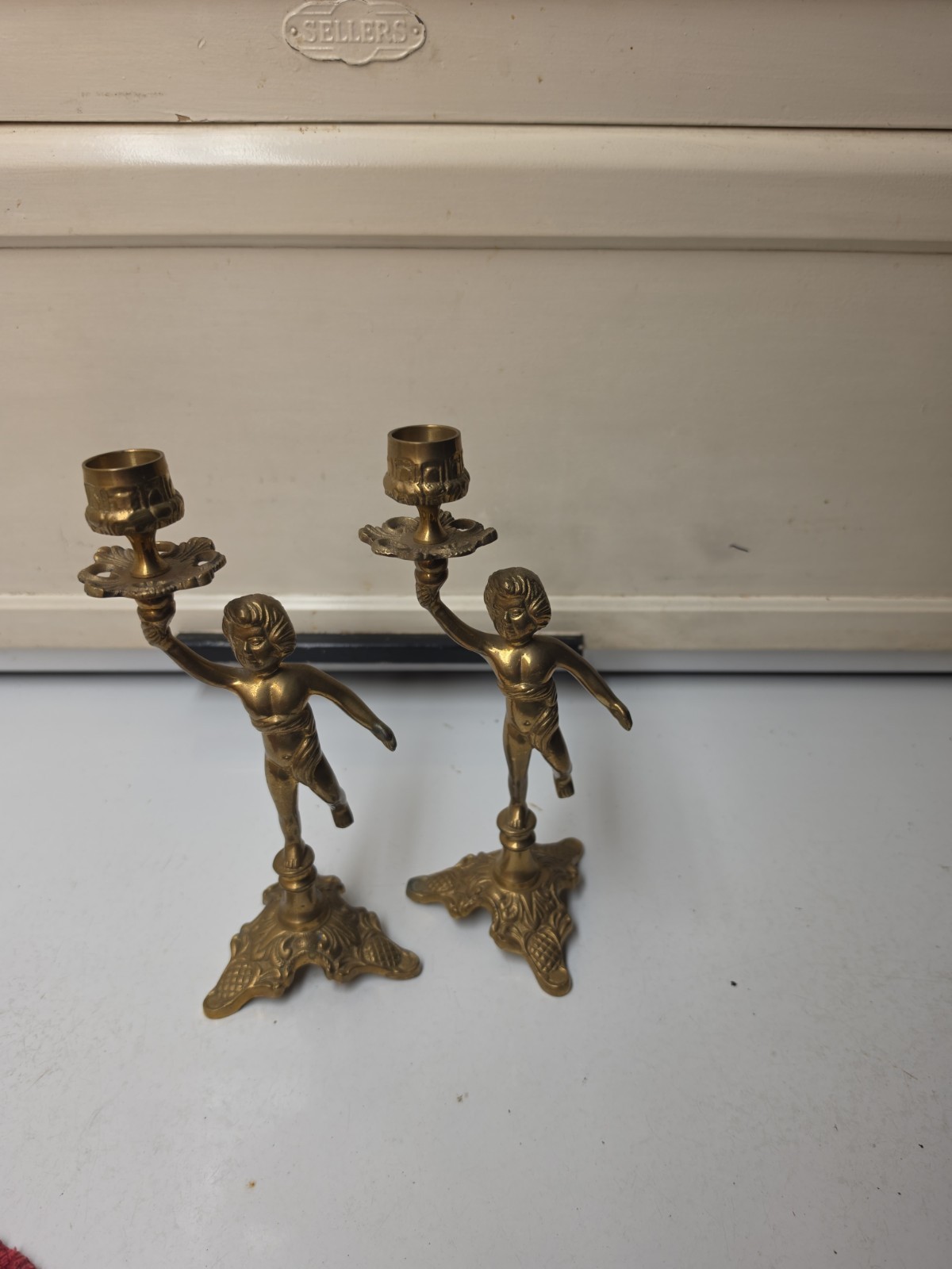Vintage Ornate Brass Cherub Candlebras - Pair Of 2 Victorian Vintage Ornate Brass Cherub Candlebras - Pair Of 2 Victorian