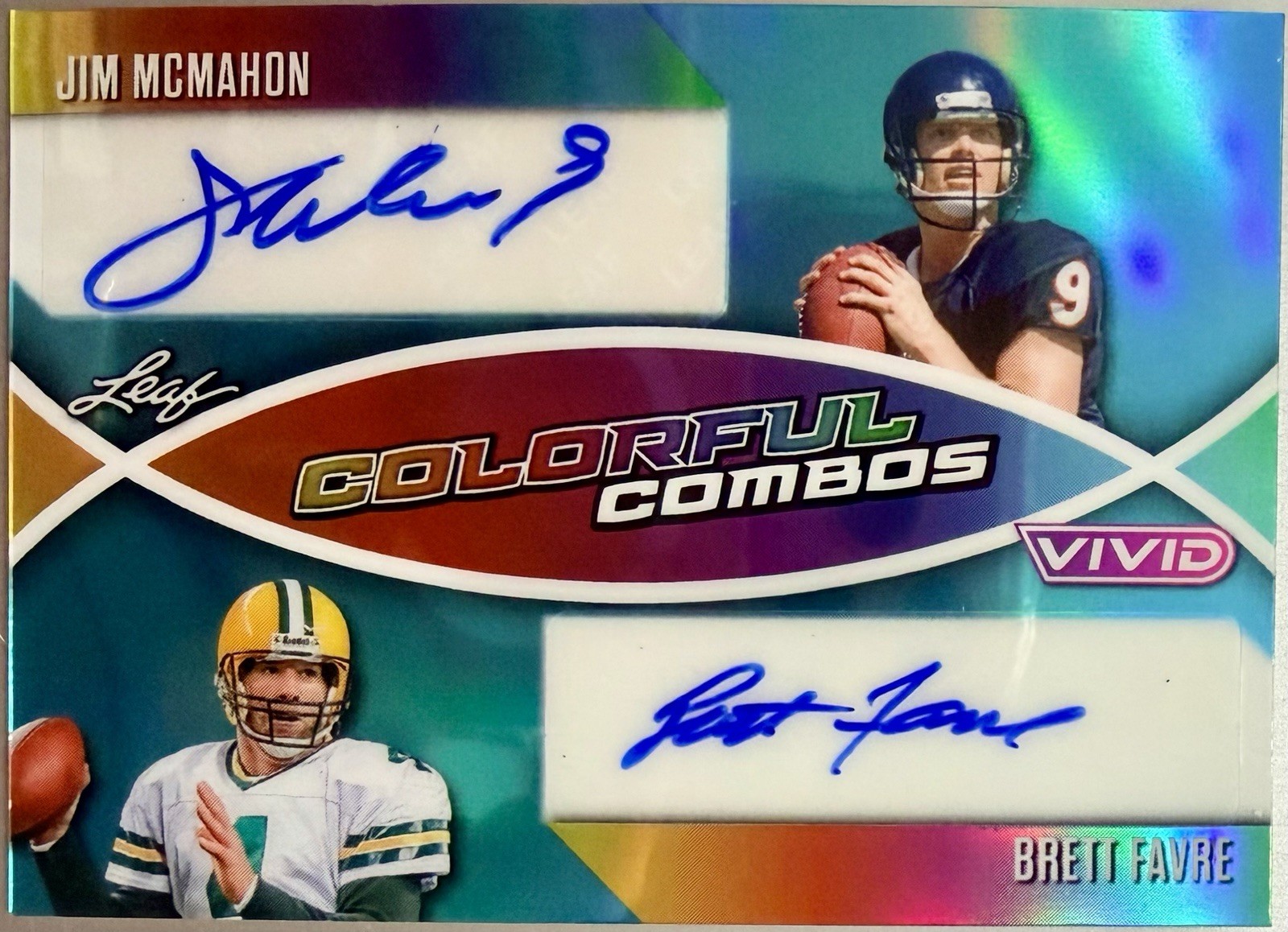 2025 LEAF VIVID ~ JIM MCMAHON / BRETT FAVRE ~ COLORFUL COMBOS ~ #\'D 1/1 ~ AUTO