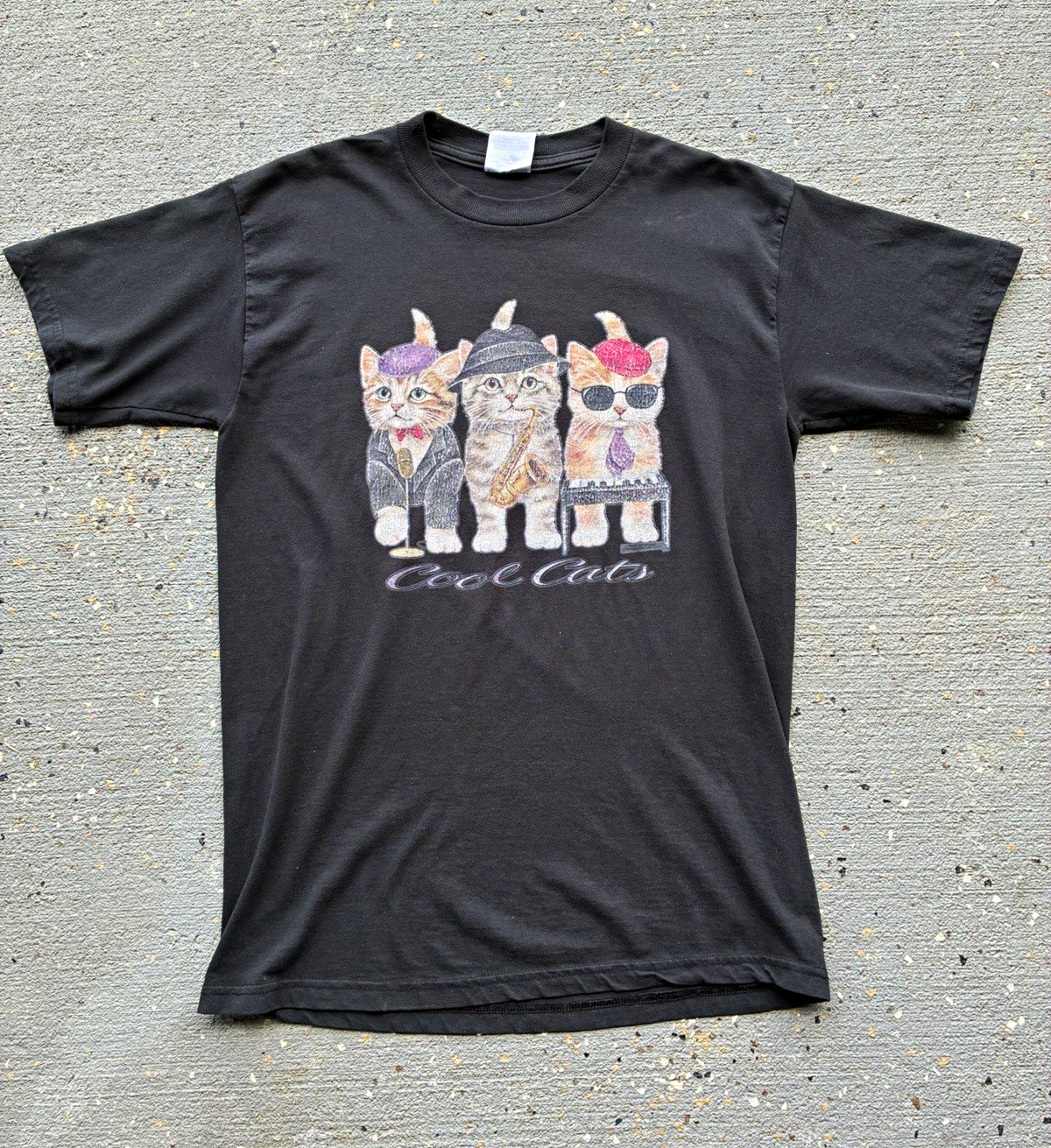 Vintage JERZEES Heavyweight Mens Black Cool Cats Graphic Tee Size M Regular