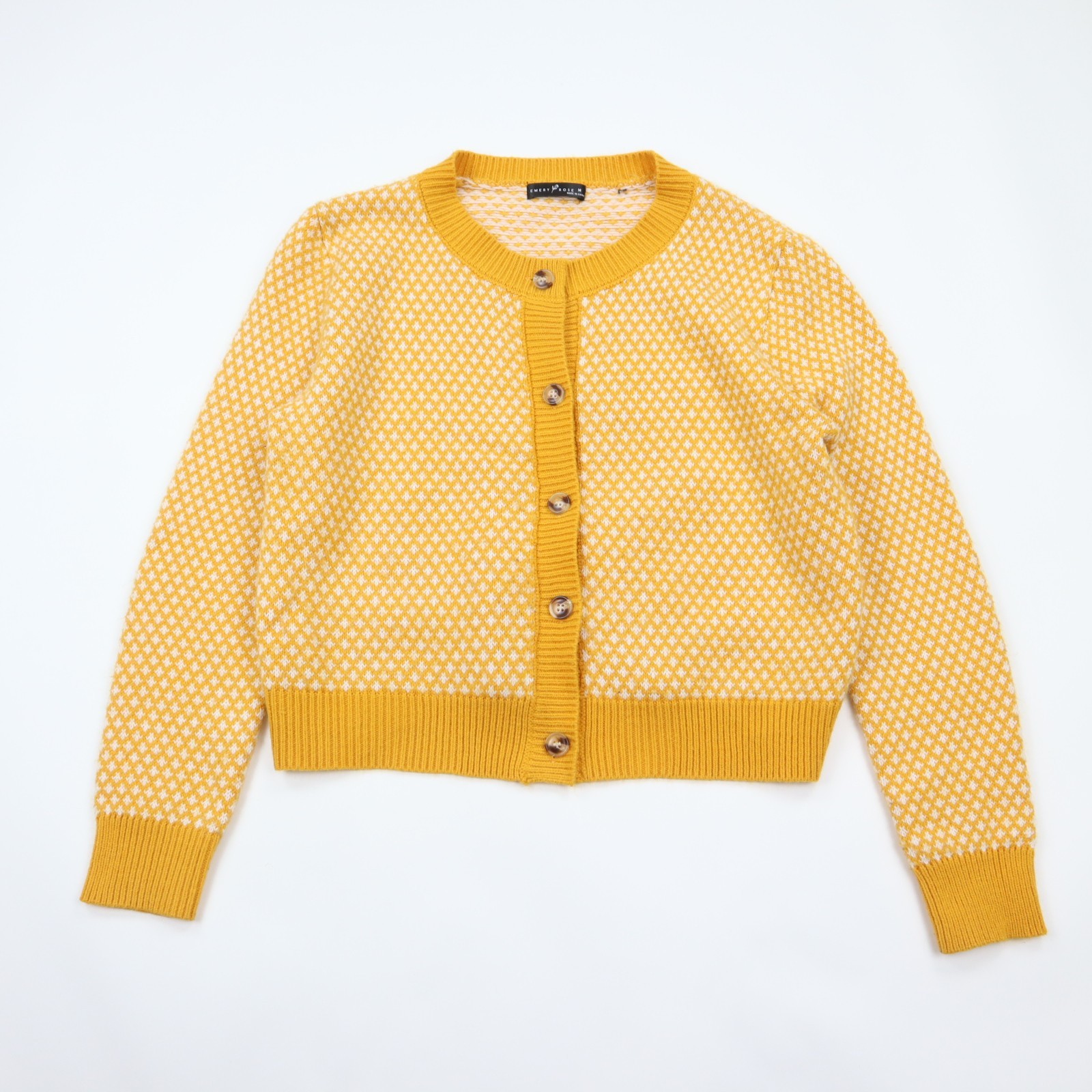 Emery Rose Cropped Cardigan Sweater Womens Medium Yellow Birdseye Retro Emery Rose Cropped Cardigan Sweater Womens Medium Yellow Birdseye Retro