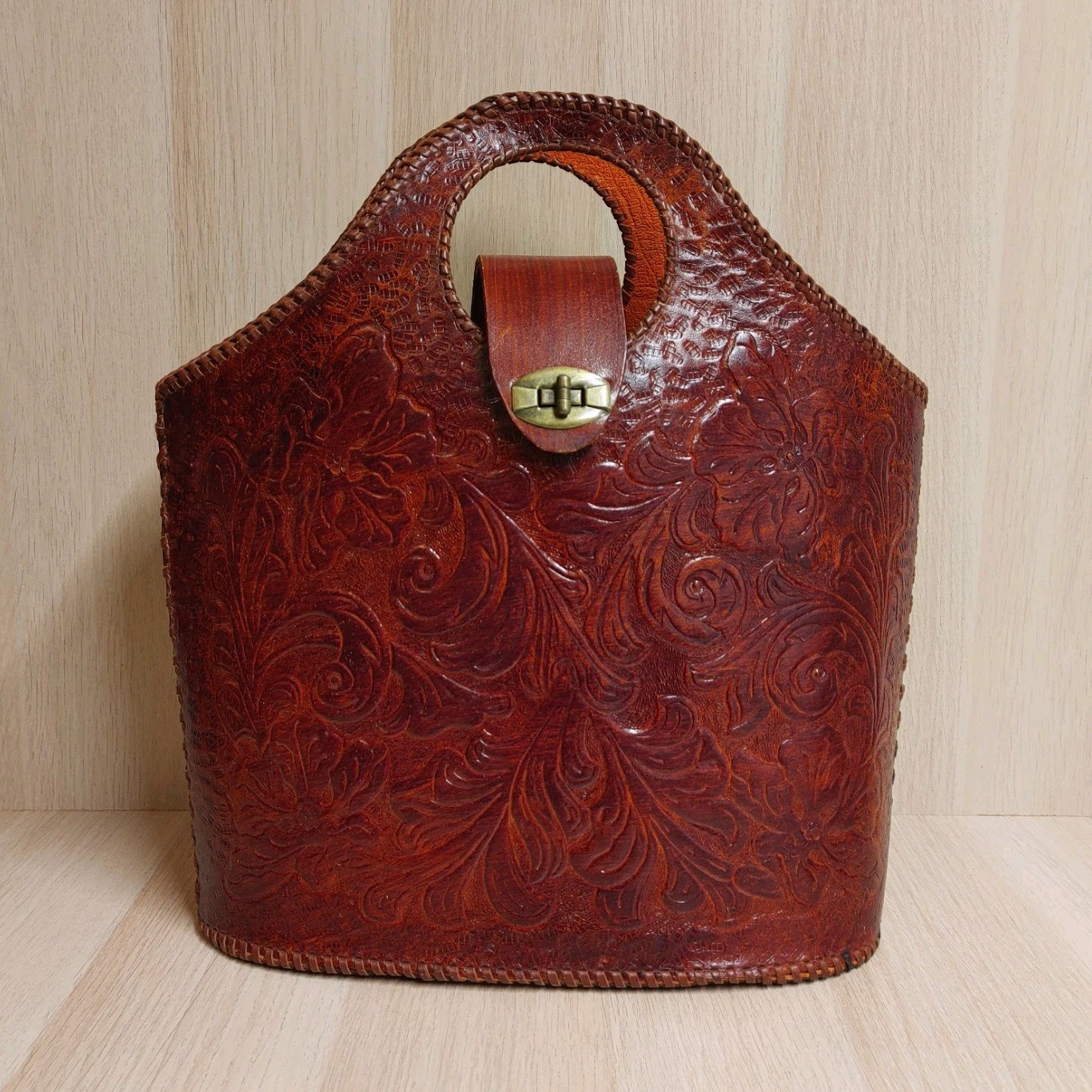 Vintage Tooled Leather Handbag Tote Floral 14\ Vintage Tooled Leather Handbag Tote Floral 14\
