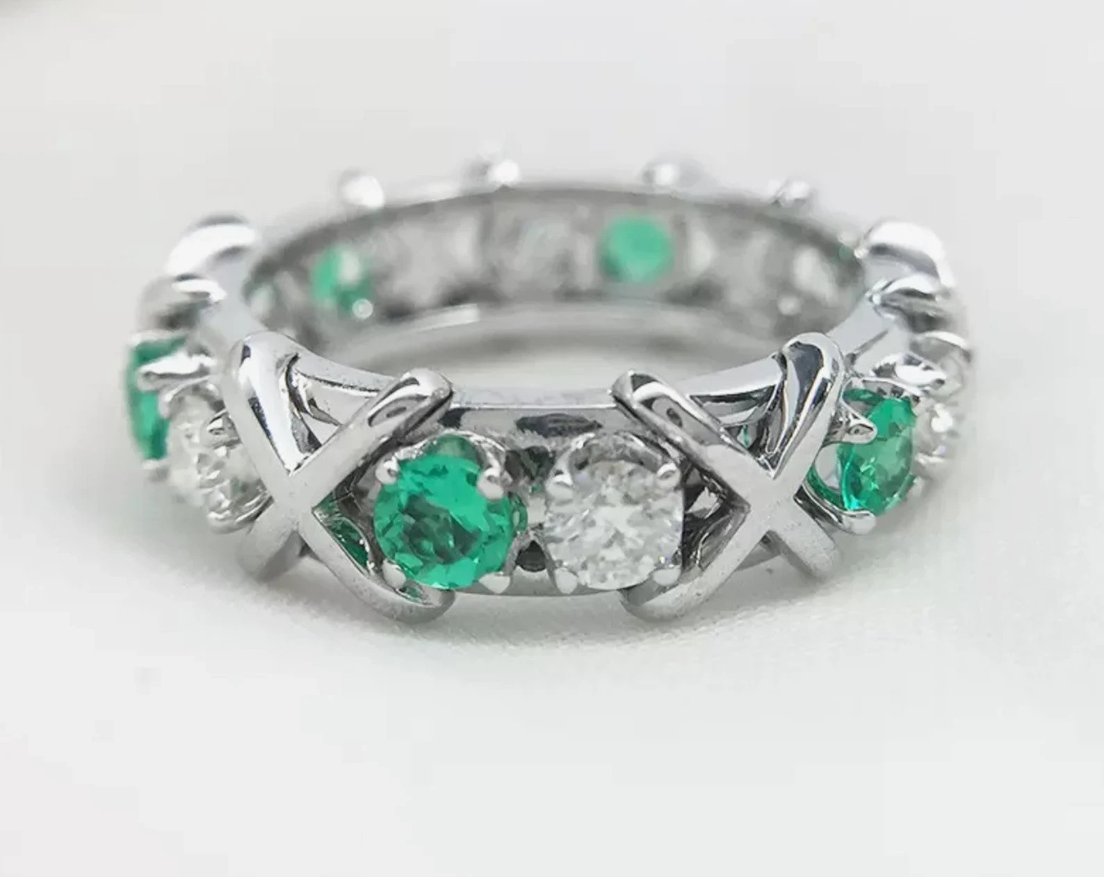 1.20Ct Round Cut Natural Emerald & Diamond 14K White Gold Wedding Ring Size 6,7