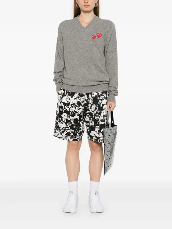 PLAY Comme Des Garcons Double Heart-Patch Wool Sweater Unisex Adults XL Gray