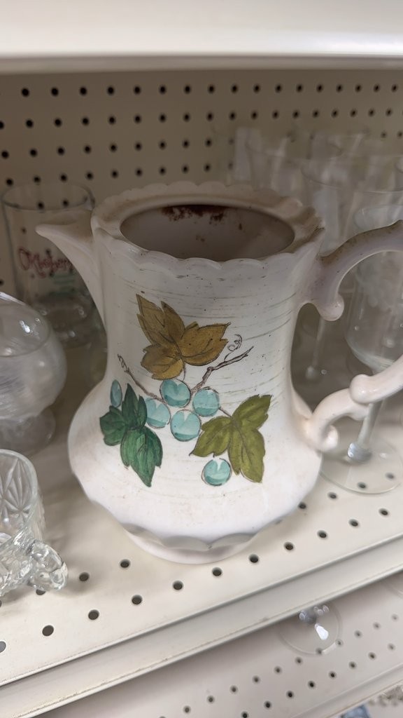 Vintage Ceramic Pitcher with Hand-Painted Grapes and Leaves