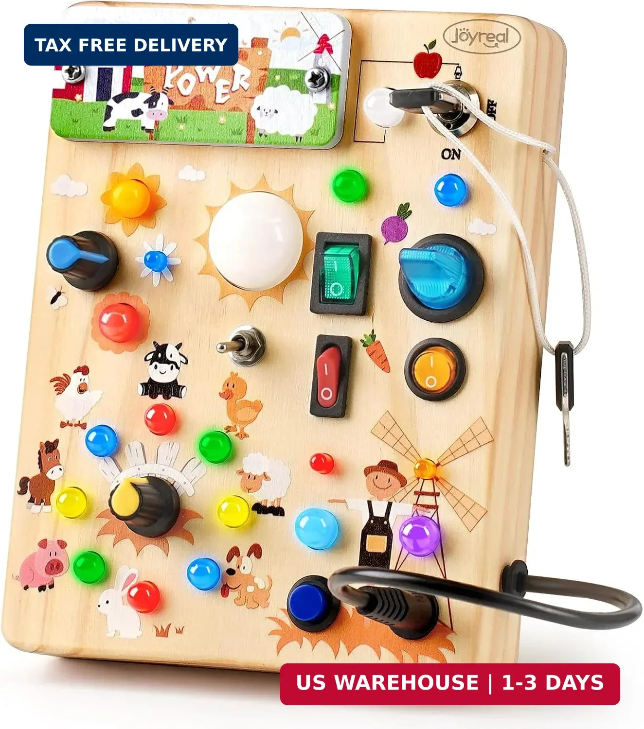 Joyreal Wooden Busy Board with LED Light, Montessori Toddler Toys, Wooden Sensor